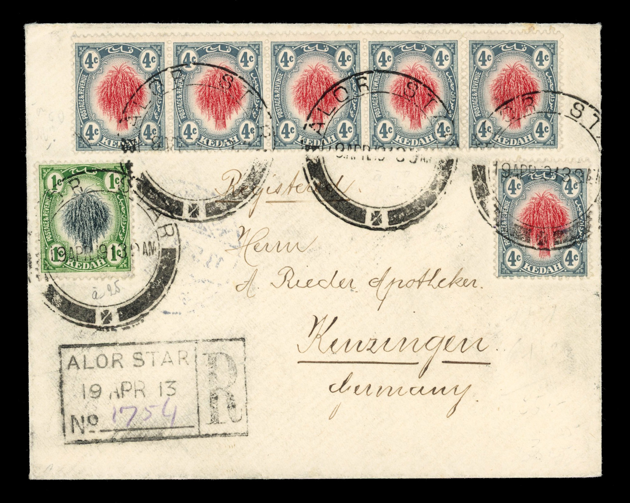 Malaya - Kedah 1913 registered cover to Germany franked with 1c, 4c (single and a strip of five) tied by Alor Star datestamps