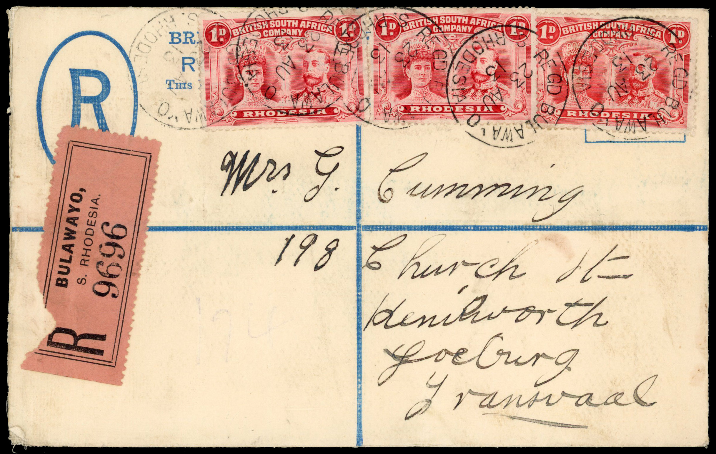 Rhodesia 1913 registered postal stationery envelope used to Johannesburg