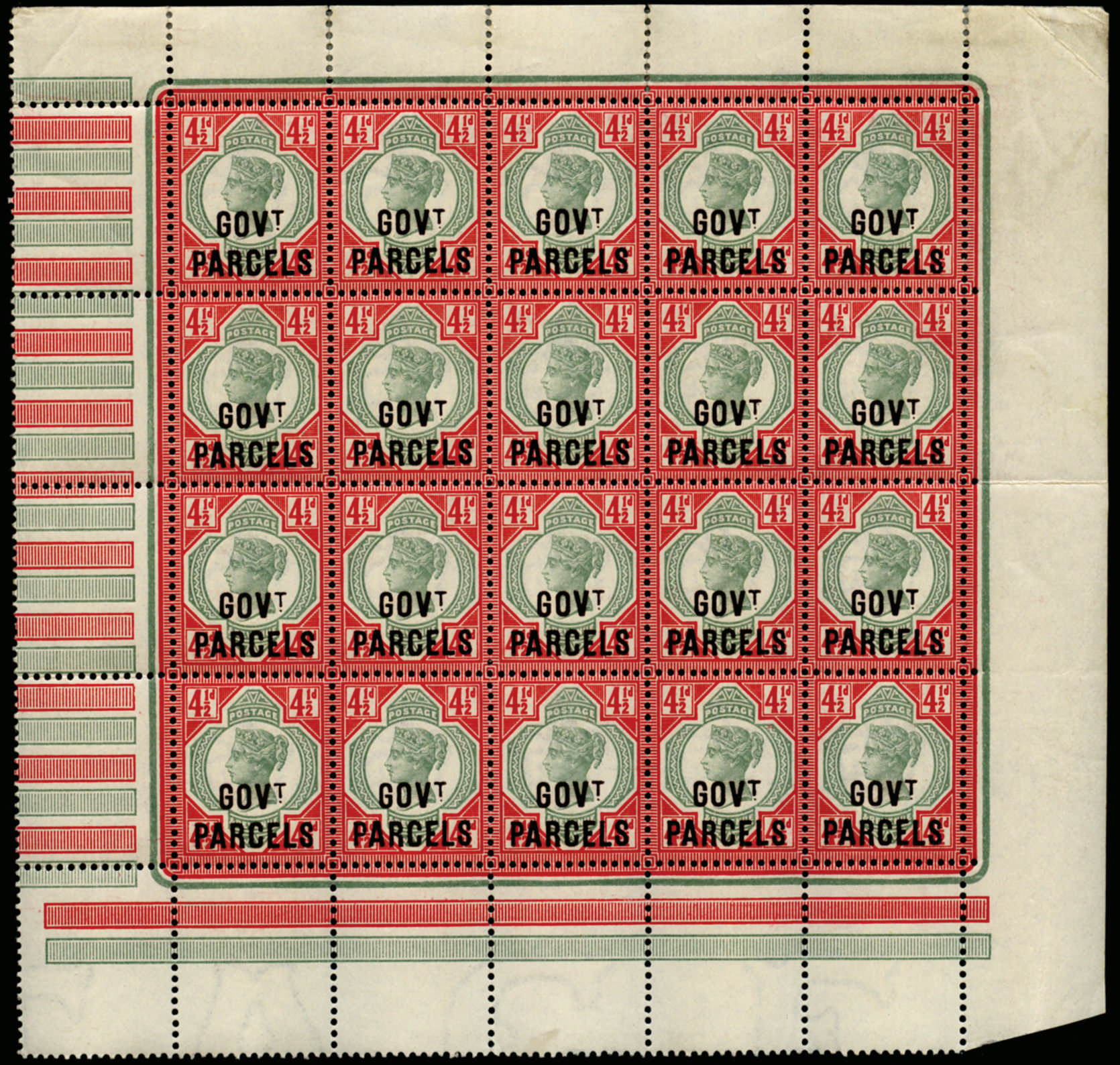 SGO71 1892 4½d green and carmine (Govt. Parcels) Pane