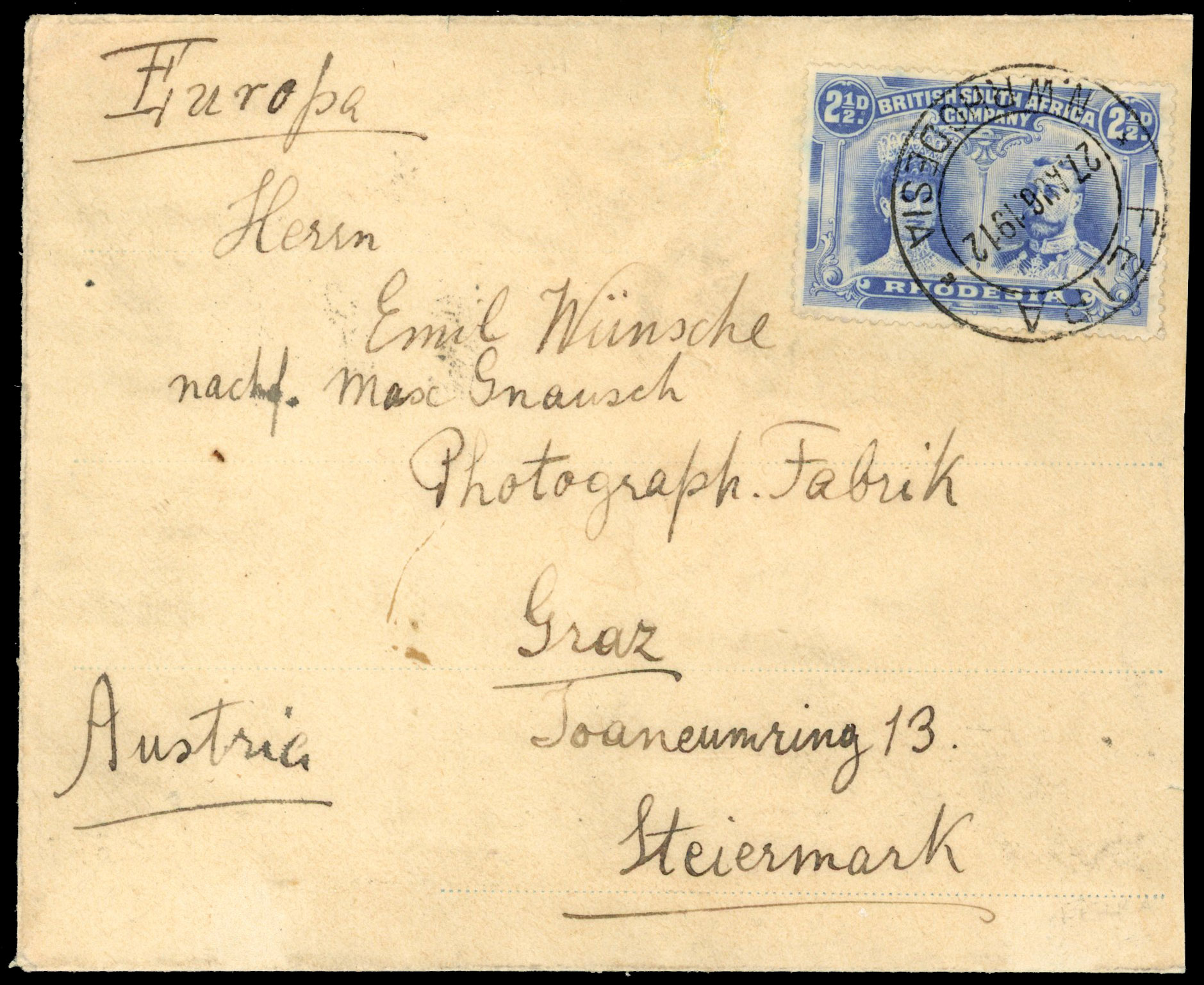 2½d bright blue on envelope to Austria, Feira DC 27 AUG 1912. Backstamped Eldorado Mine and Salisbury