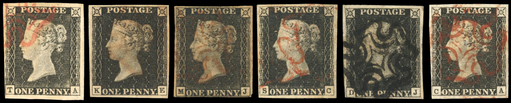 GB 1840 1d black used group of six SG 2