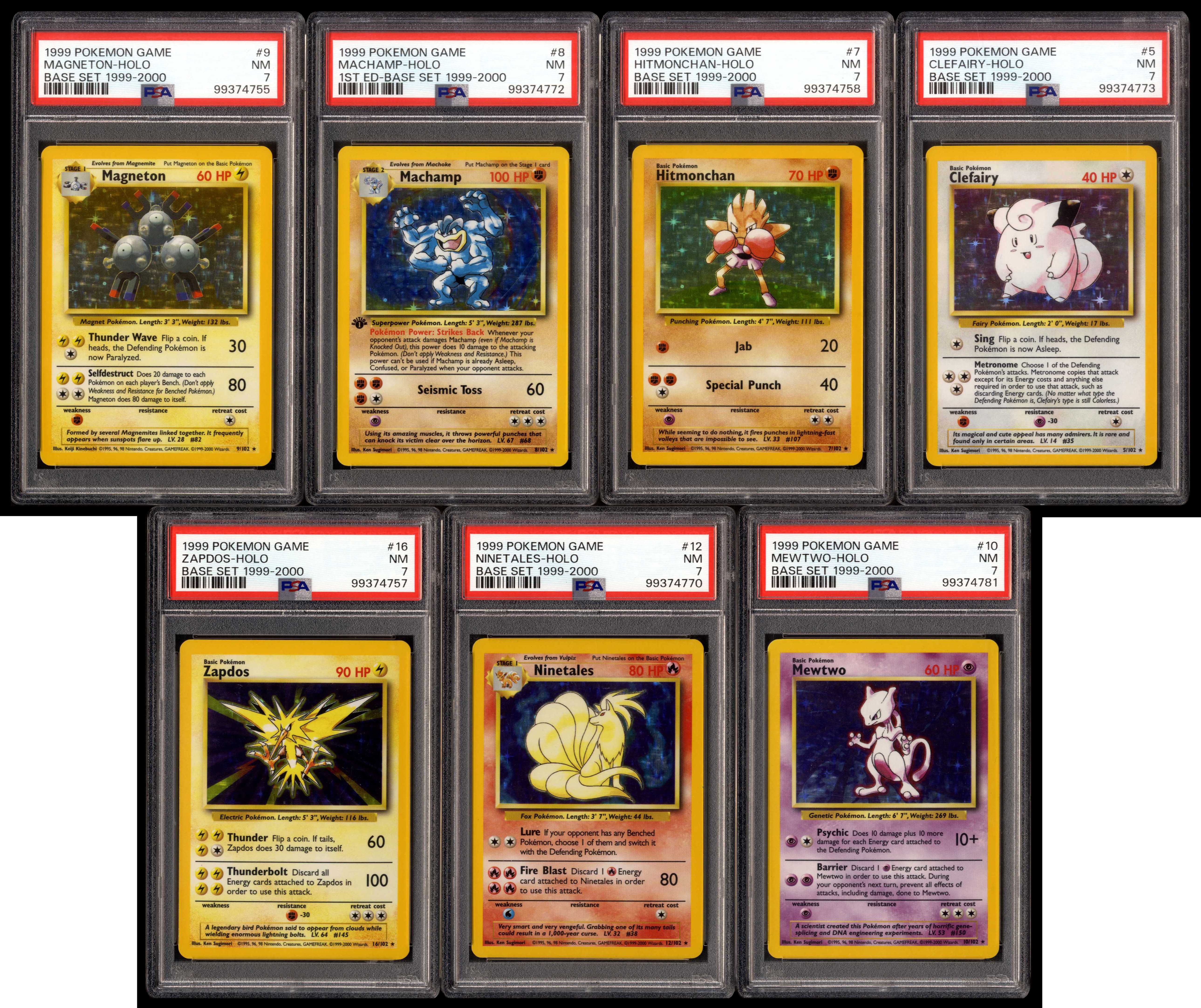 <p>PSA 7 - 4th Print Base Set - Clefairy, Hitmonchan, Machamp, Magneton, Mewtwo, Ninetales, Zapdos - 7 Card Bundle</p>