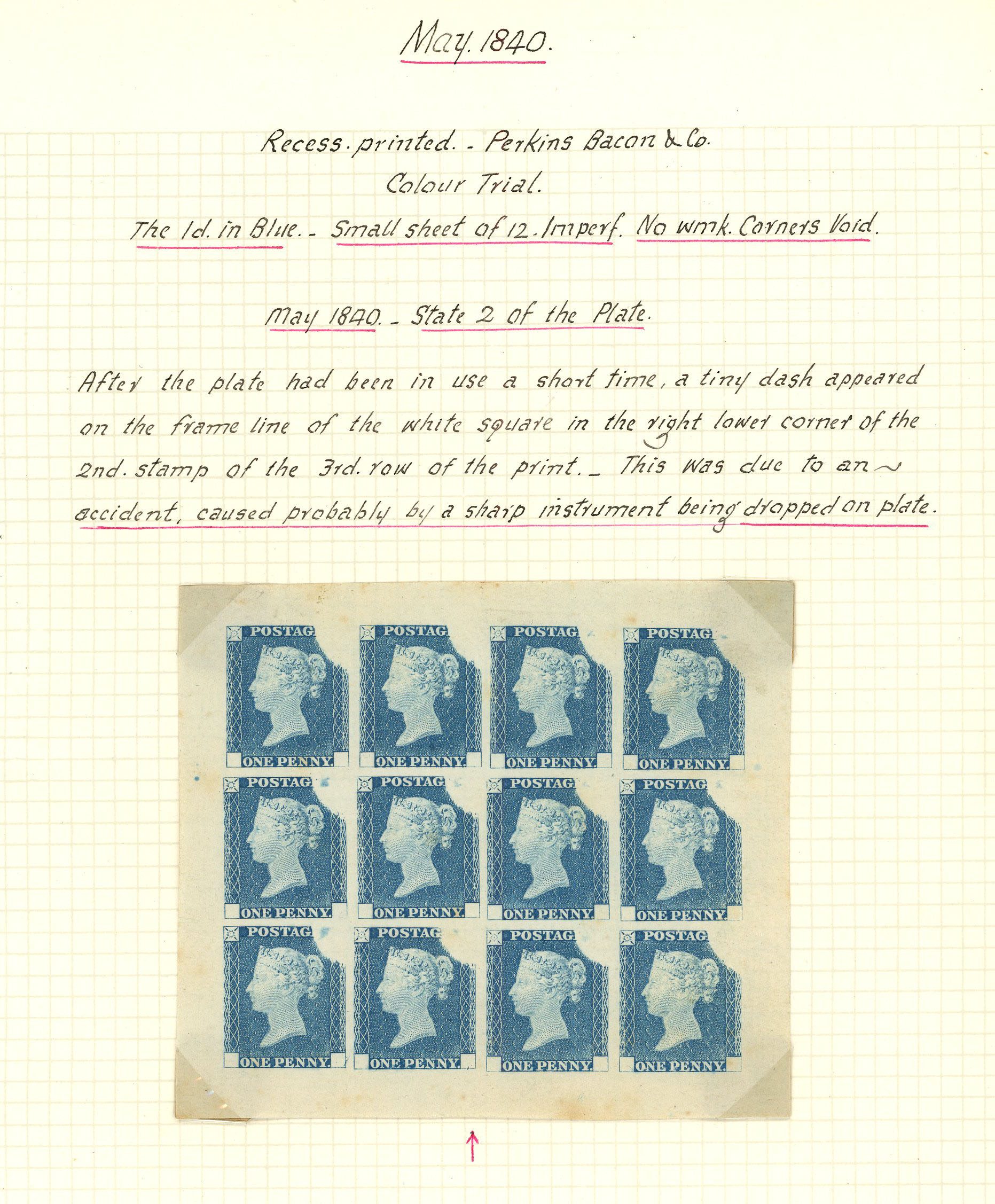 1840 Rainbow Trial (State 2) complete sheet of twelve in blue on white wove paper, few light...