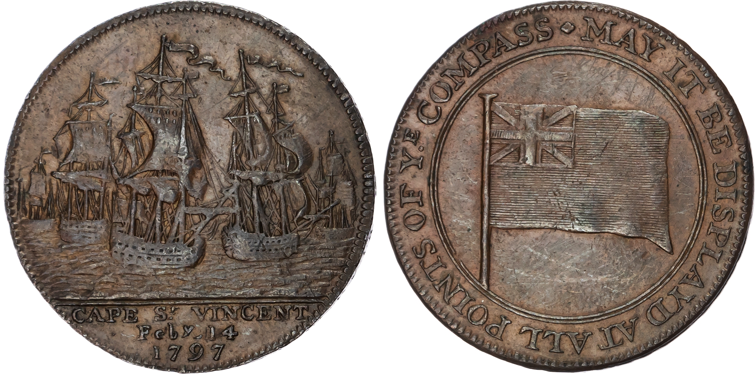 Hants. Portsmouth , General Circulation Halfpenny 1797, Blue Ensign, rev. Fleet or warships off Cape St. Vince…