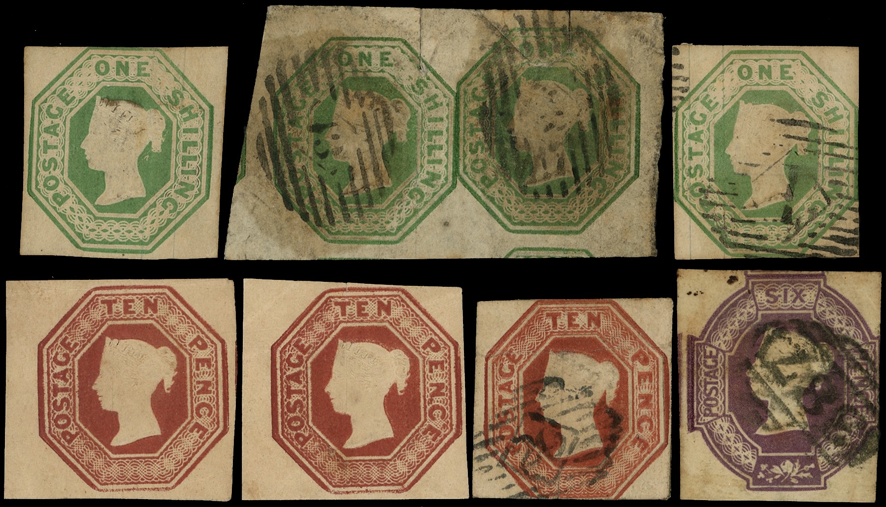 EMBOSSED: 1847-54 selection arranged on a stockcard including 6d (used), 10d (3) and 1s...