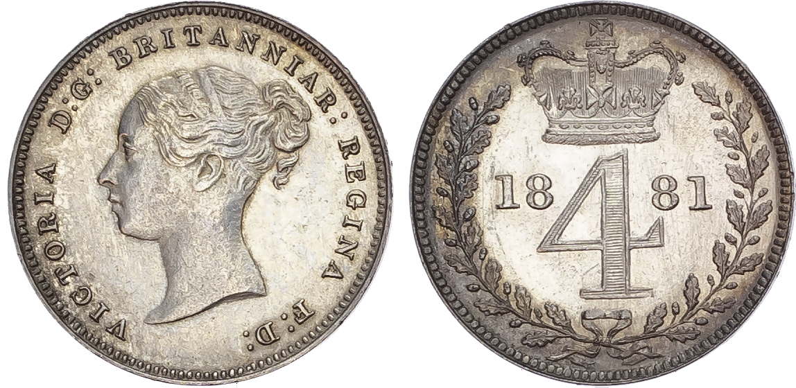 Victoria (1837-1901), Maundy Set, 1881, Fourpence, Threepence, Twopence, Penny.