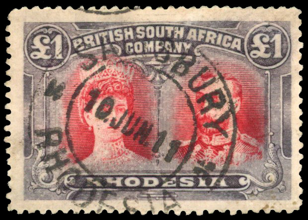Rhodesia 1910-13 £1 carmine-vermilion and (paler) blue-black perf 14 used