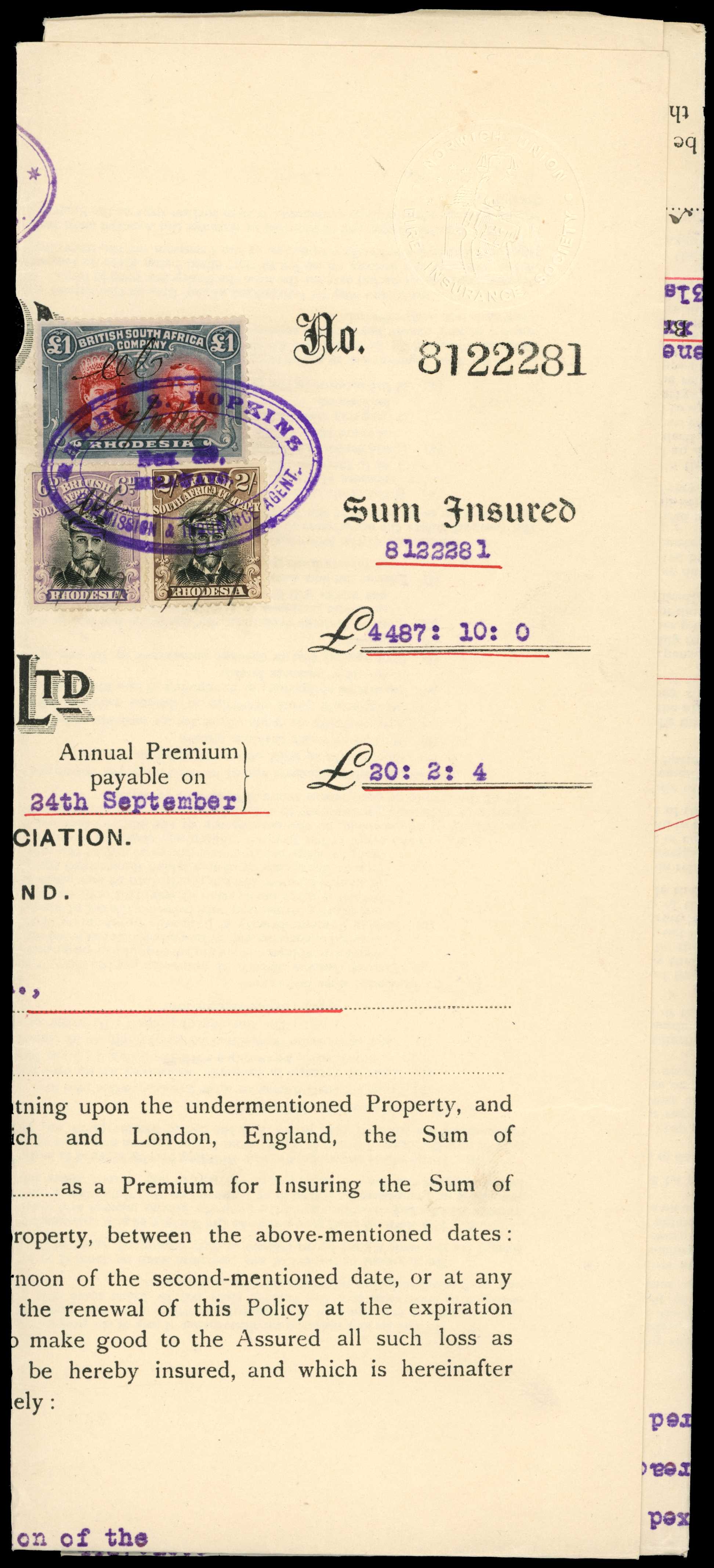Revenues. 1919 Insurance Policy (Norwich...