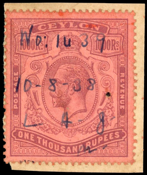 Ceylon SG 323 100r purple on red fiscally used