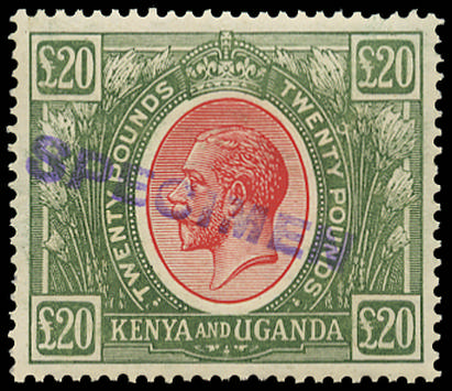 KUT 1922 SG101 Specimen KGV £20 red and green with local handstamp unmounted mint