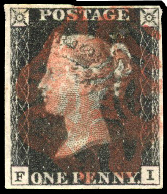 GB: 1840 1d black, Plate 10, (FI), four margins, central red MC SG 2