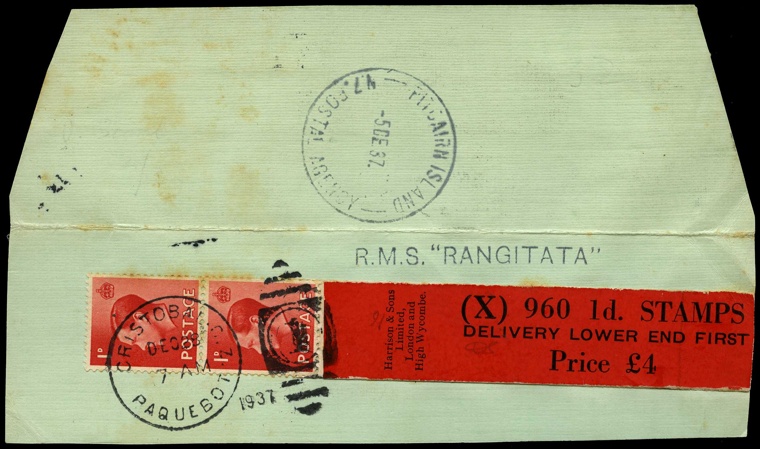GB Used Abroad; 1937 part of envelope with...