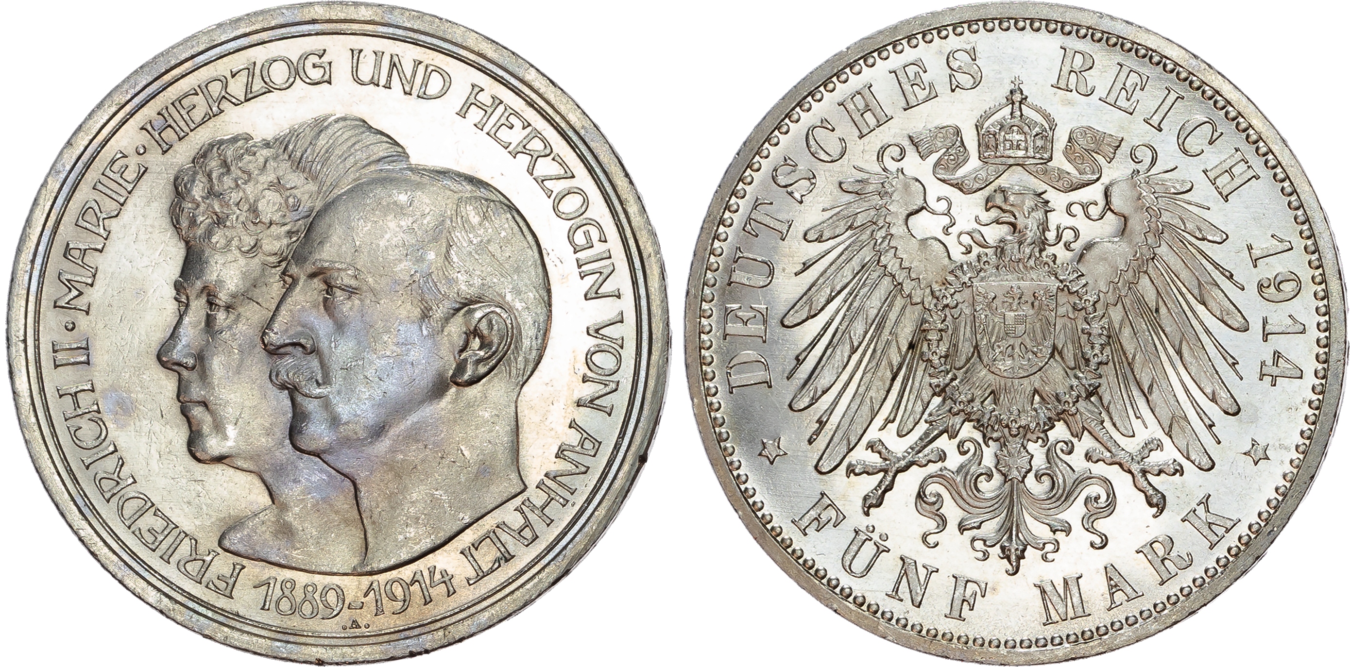 Germany, Anhalt, Frederick II (1904-1918), silver 5 Marks.