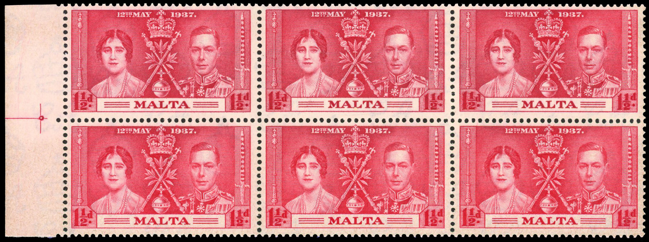 Malta 1937 Coronation 1½d brown-lake block of 6
