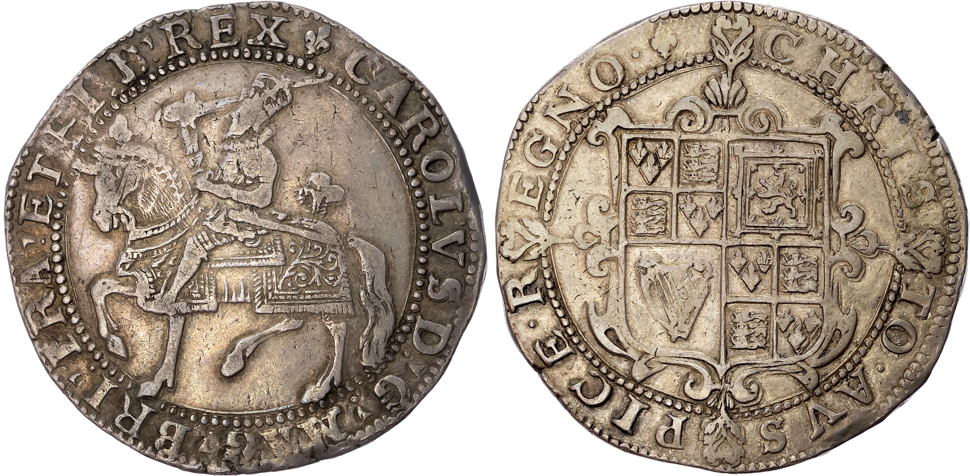 Charles I (1625-1649) Crown, Tower mint under the King, group I, type 1a, mintmark lis (1625). The King on horseback lef…