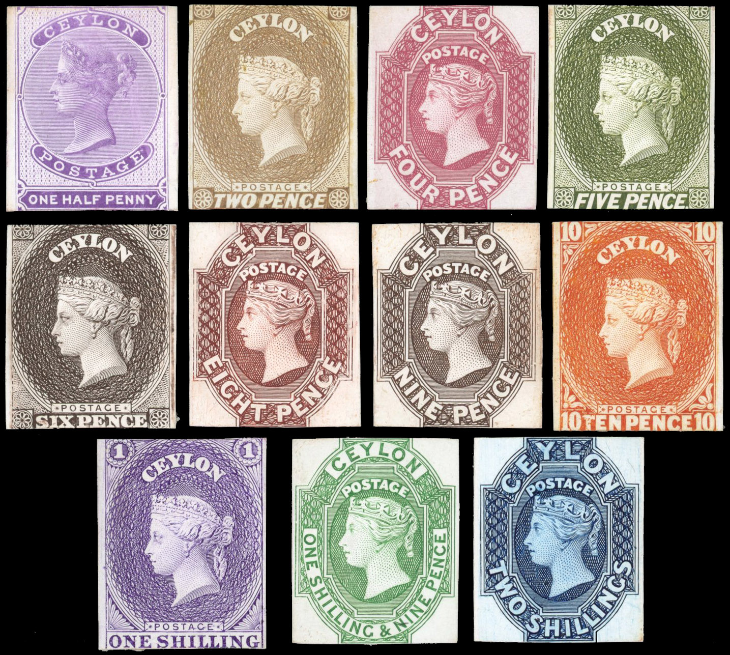 Ceylon SG 3/12, 16/18 1872 South Kensington Exhibition set of 10 die proofs in colour