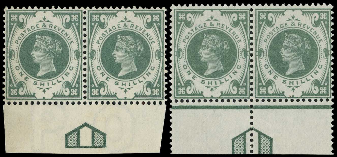1887 1/- green two bottom marginal pairs...