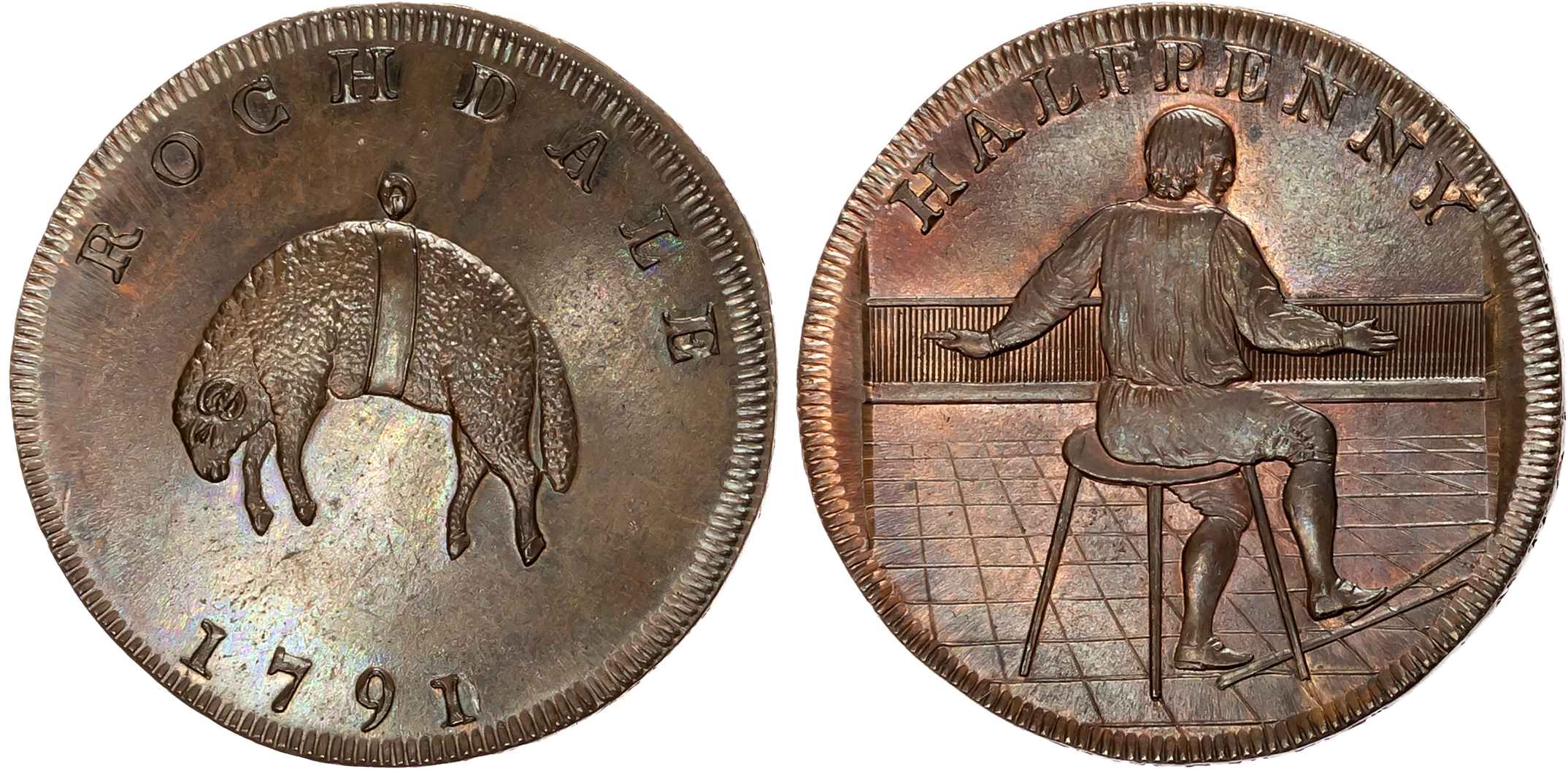 Lancs.  Rochdale, John Kershaw (mercer & draper) Halfpenny 1791/0, Weaver at loom, rev. a fleece, edge PAYABLE AT THE WA …