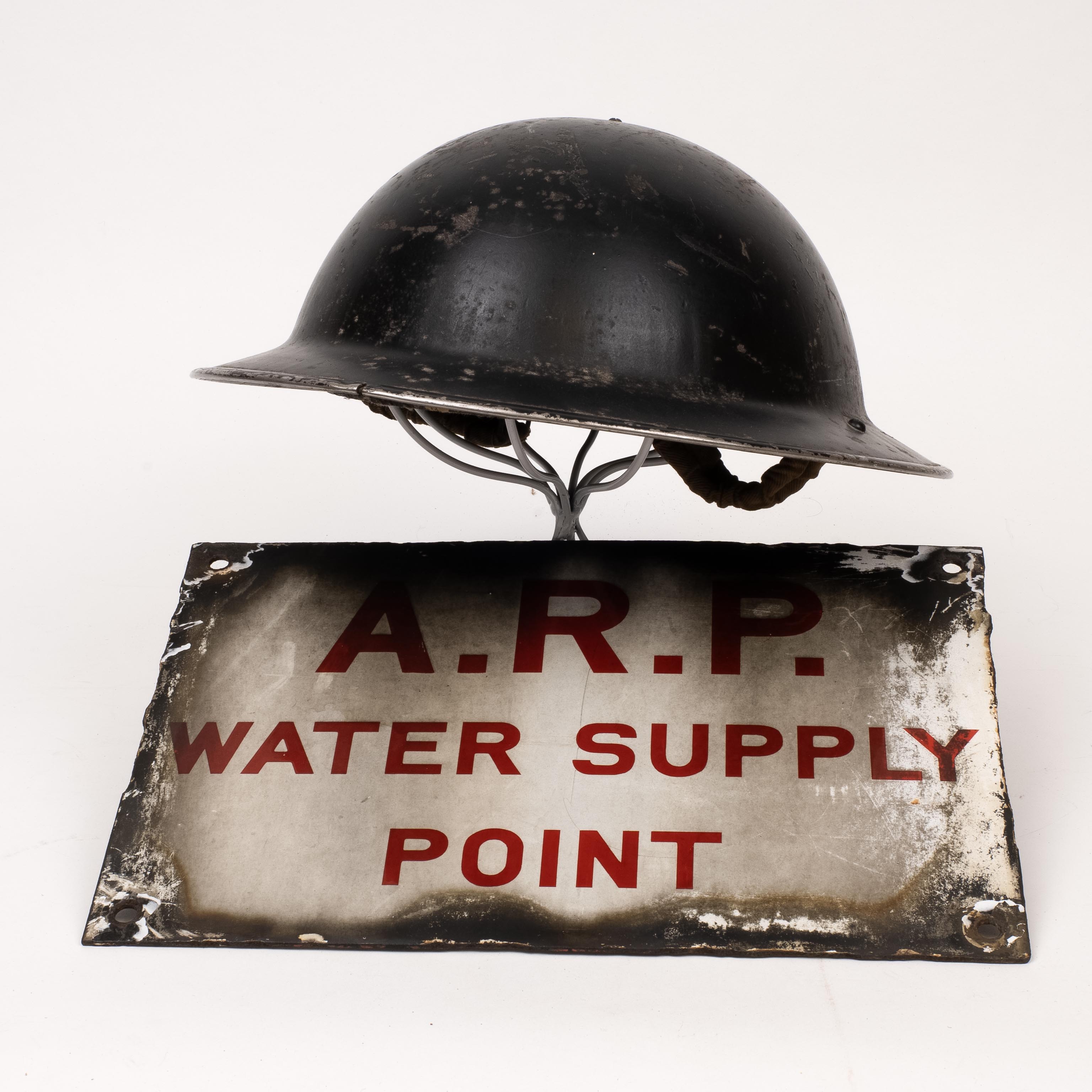 Home Front Interest, WWII British Steel Helmet  , Air Raid Warden Door Plaque, ARP Water Supply Enamel Sign