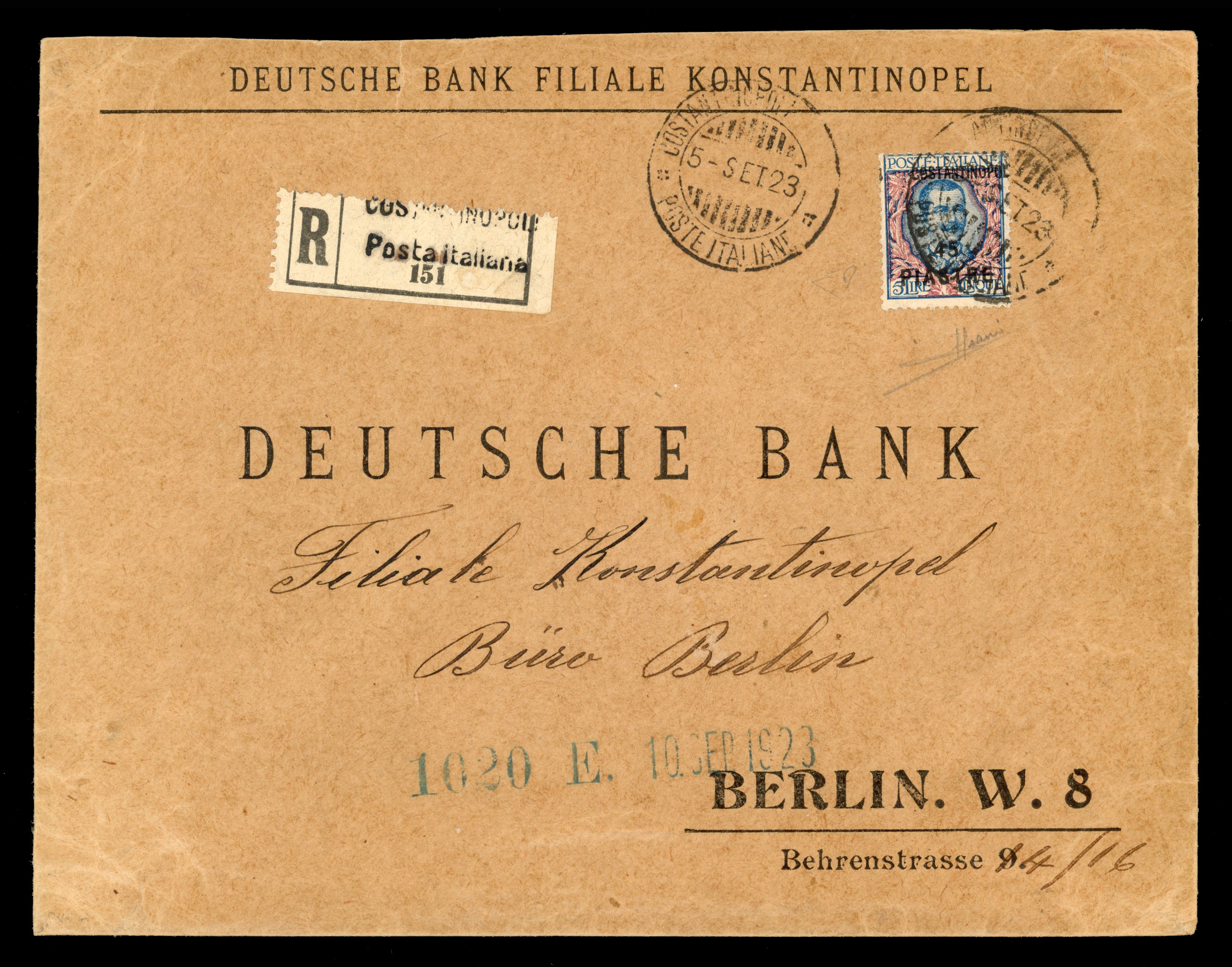 Italian Post Offices in Levant 1923 registered cover to Berlin