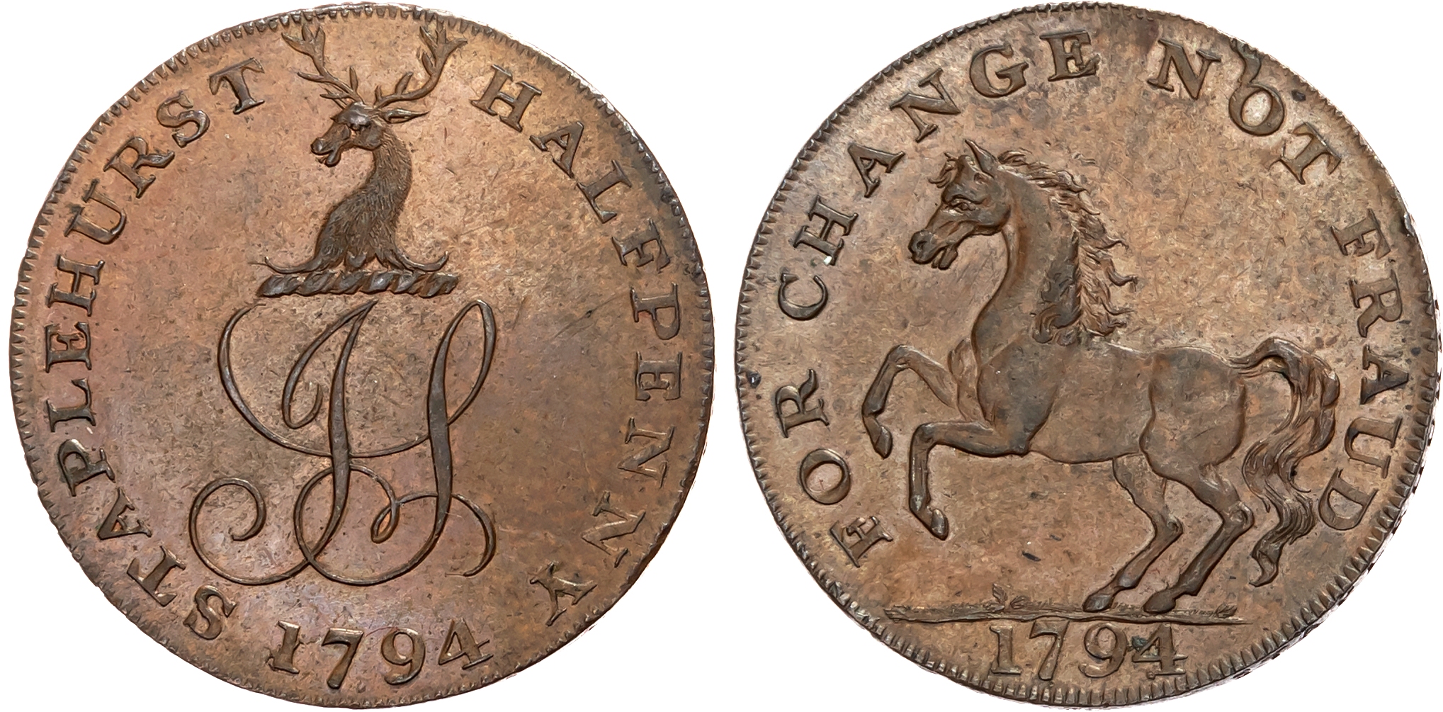 Kent.  Staplehurst , John Simmons (tallow-chandler) Halfpenny 1794, Stag’s head crest over JS cypher, rev. Kentish horse …