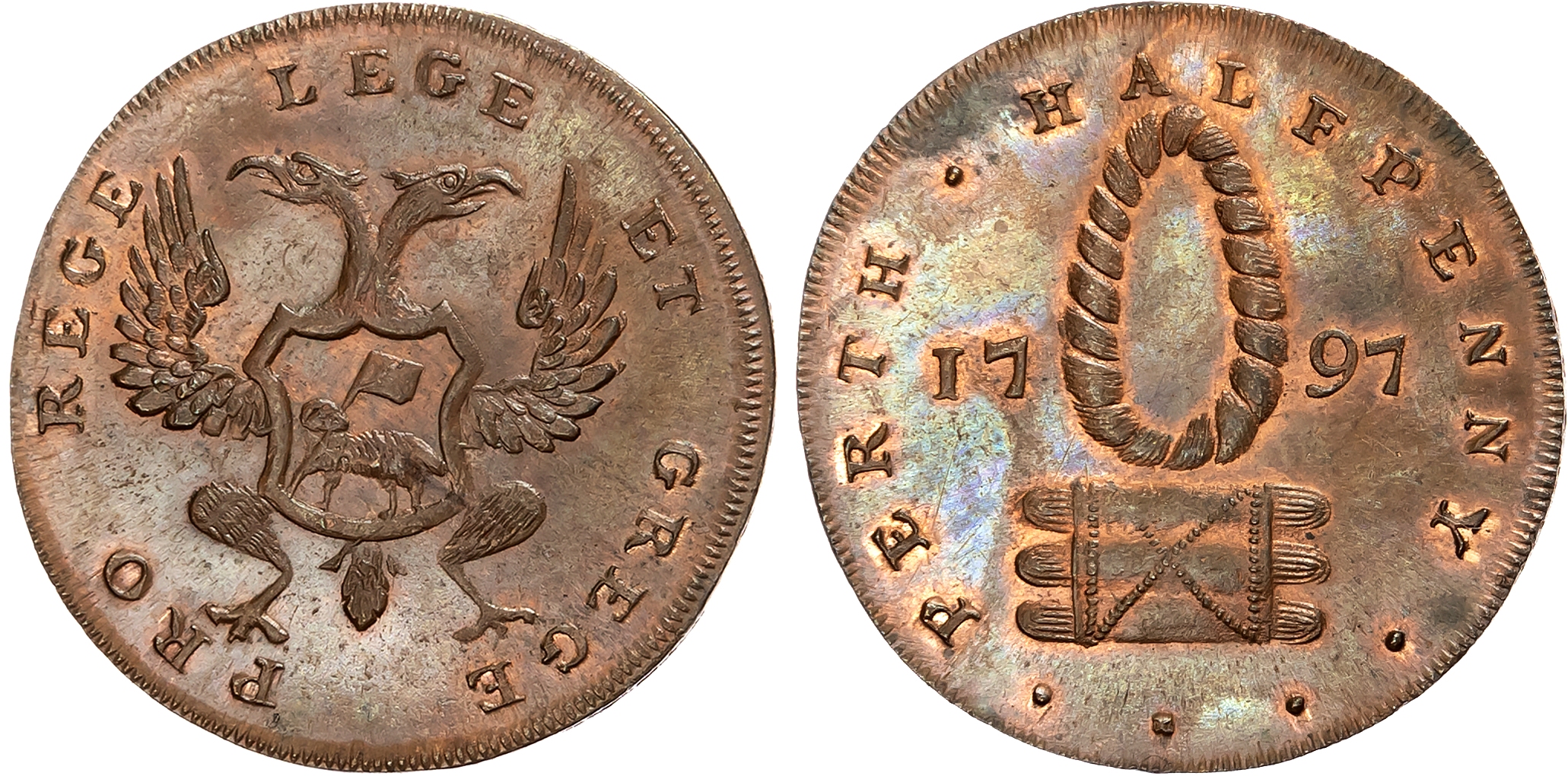 Perth. Perth, Patrick Maxwell (grocer and spirit dealer on the High Street) Halfpenny 1797, a hank of yarn over a packag …