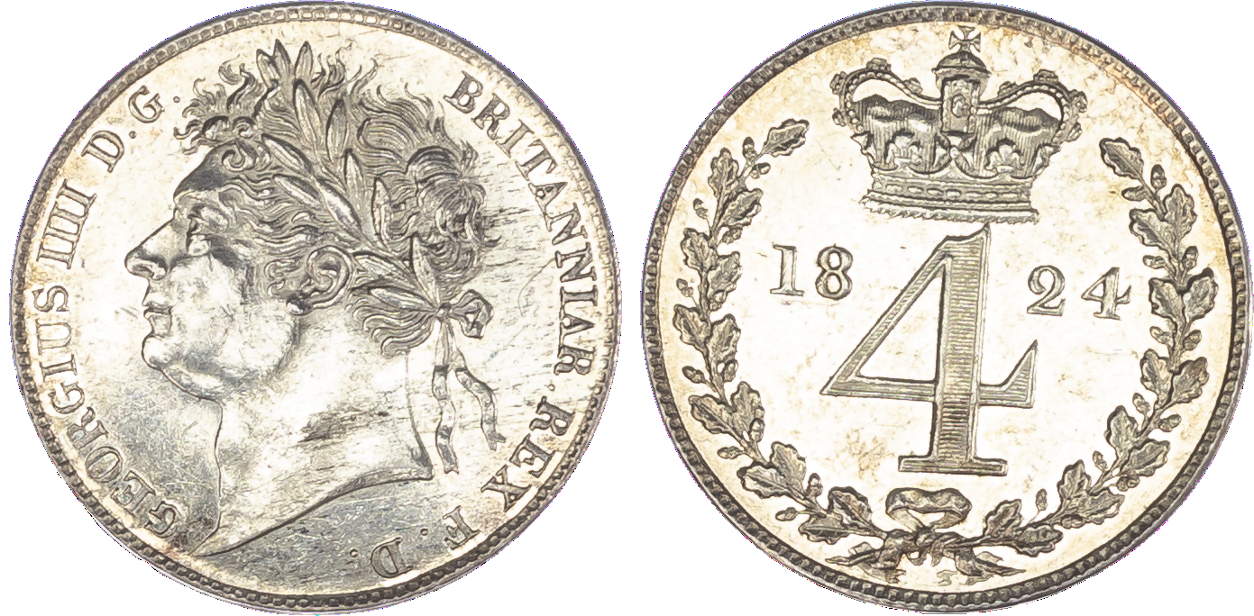 George IV (1820-30), Maundy Set, 1824, Fourpence, Threepence, Twopence, Penny, laureate head left, toothed borders, legend