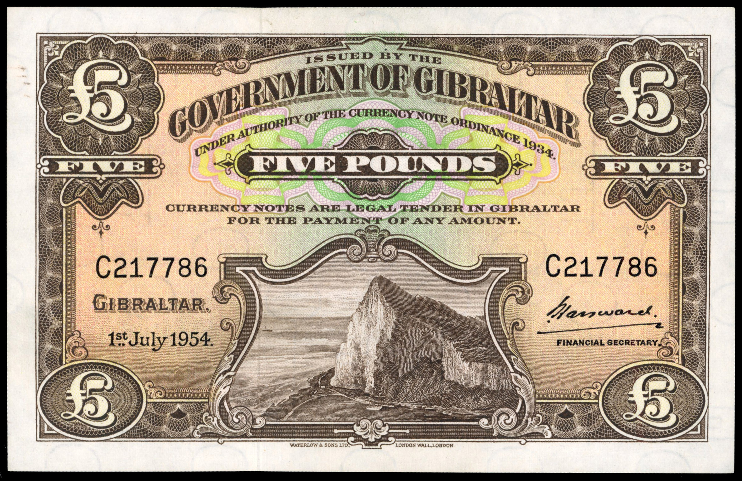 Gibraltar, Government, 1 July 1954, Five Pounds, C 217786, security thread, signature of J Hayward, (Pick 16c)…