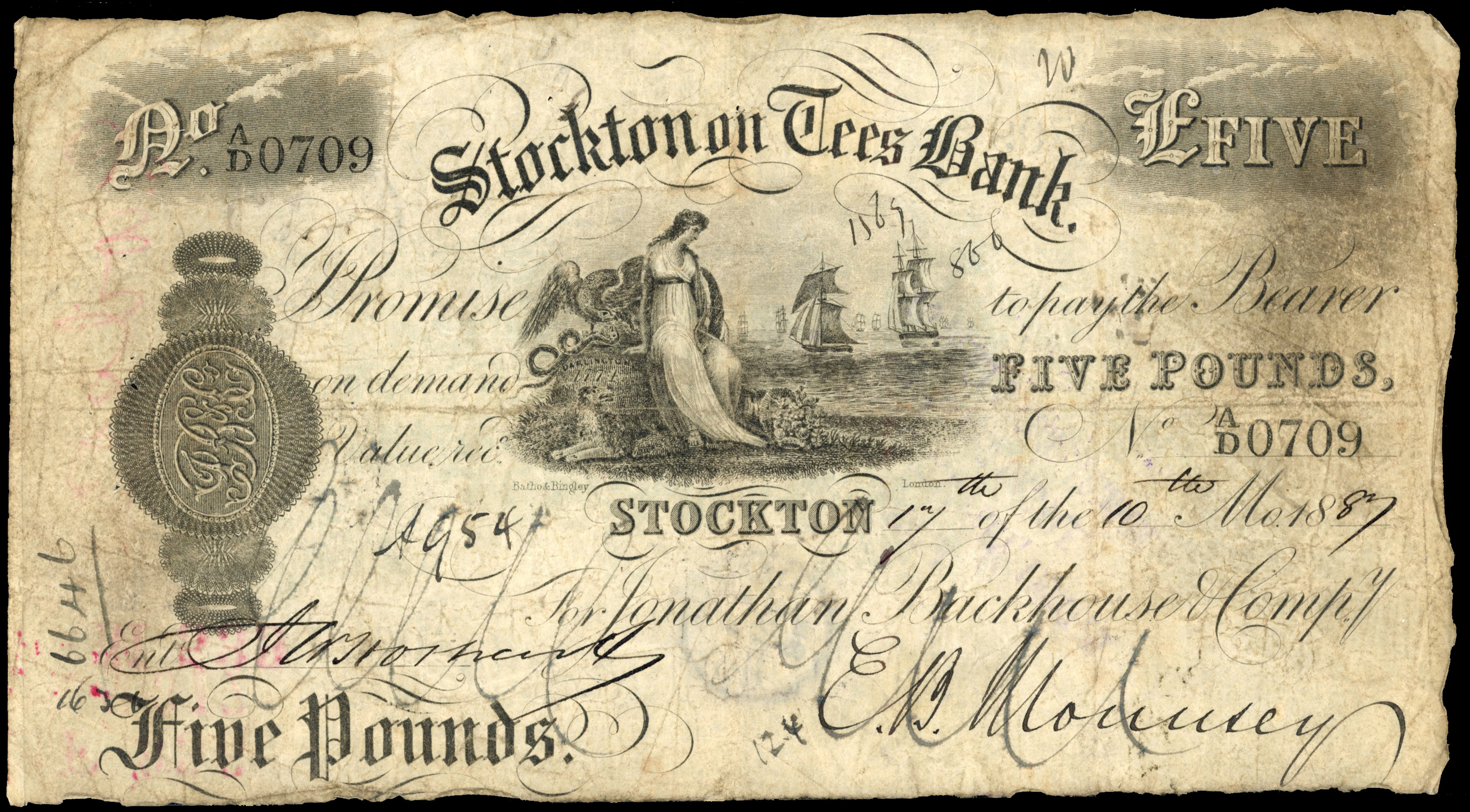 STOCKTON ON TEES, Stockton on Tess Bank, for Jonathan Backhouse & Co., £5.,17th. of the 10th. Month 1887, sign…