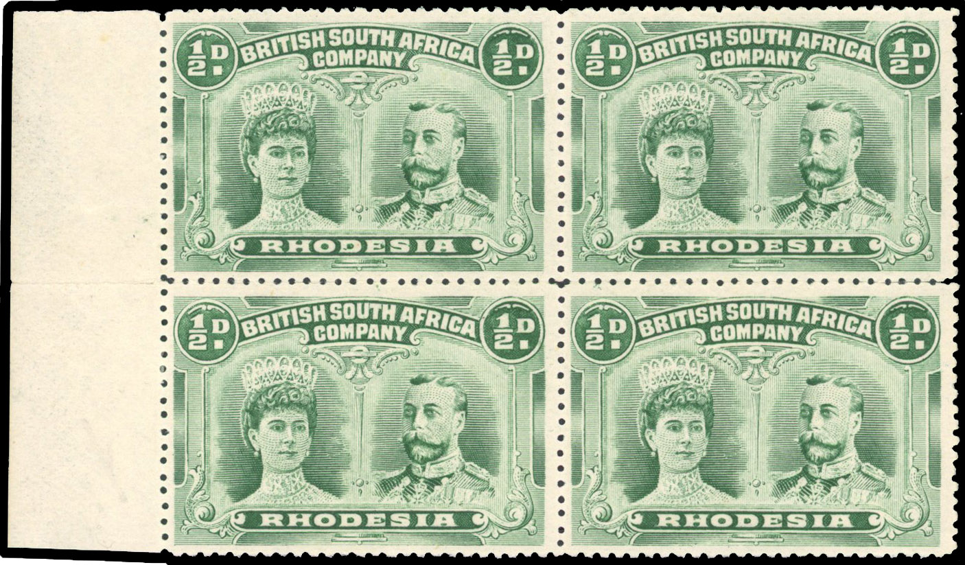 Rhodesia 1910-13 ½d deep blue-green perf 14 block of 4 unmounted
