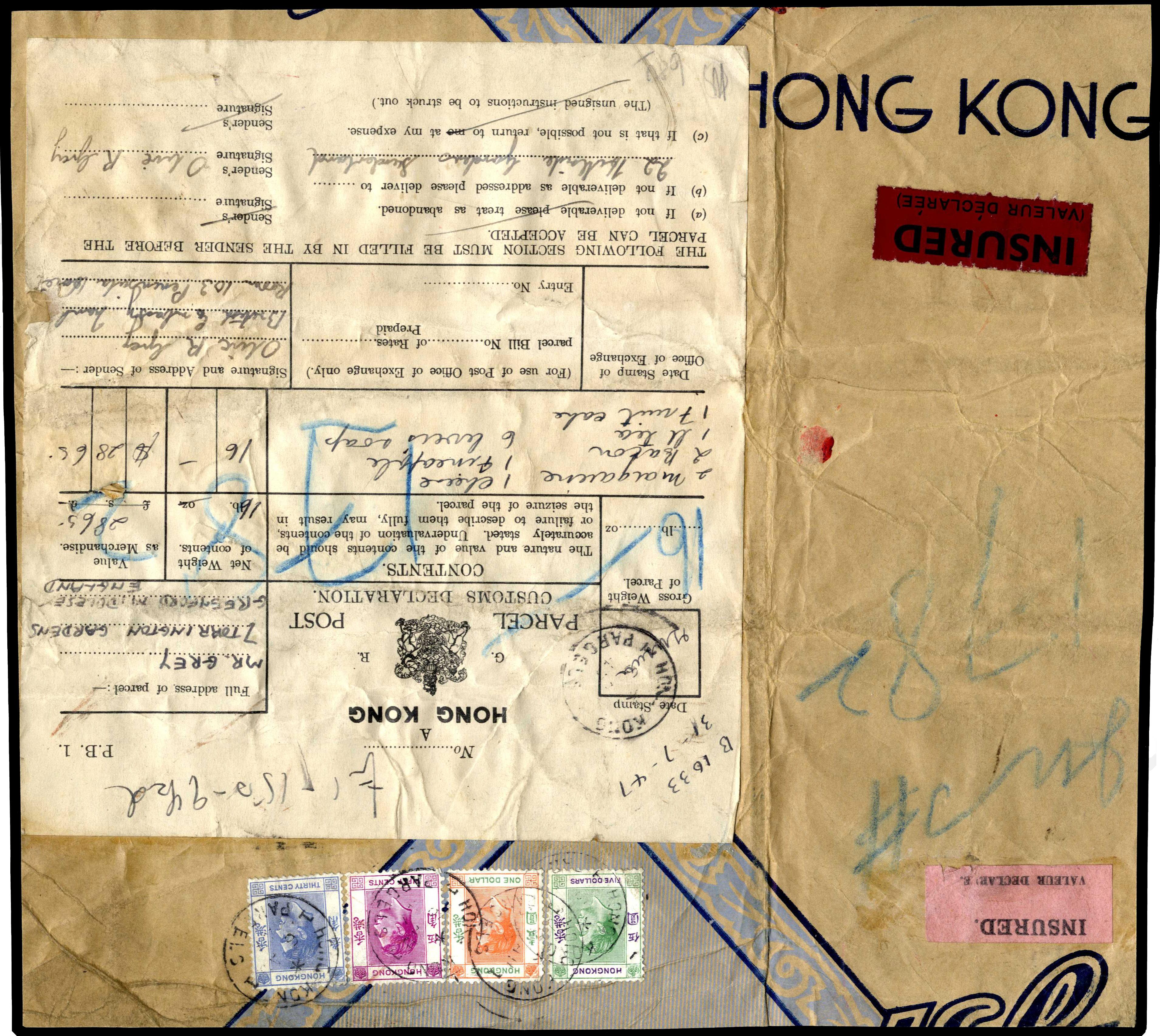 Hong Kong 1947 Parcel Post piece