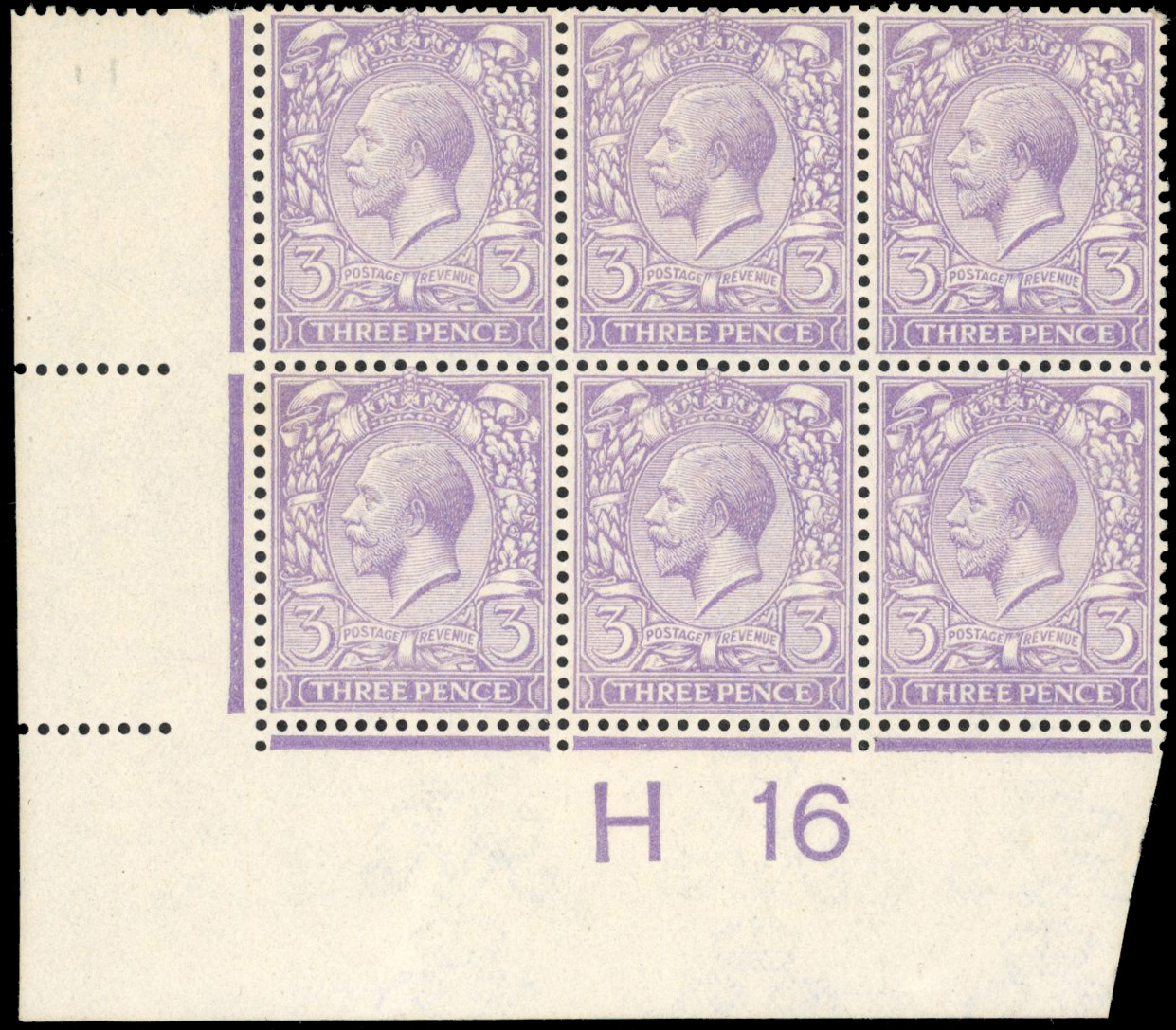GB: 1912-24 Royal Cypher 3d very pale violet, mint unmounted/large part og, lower left corner control H16 block of six