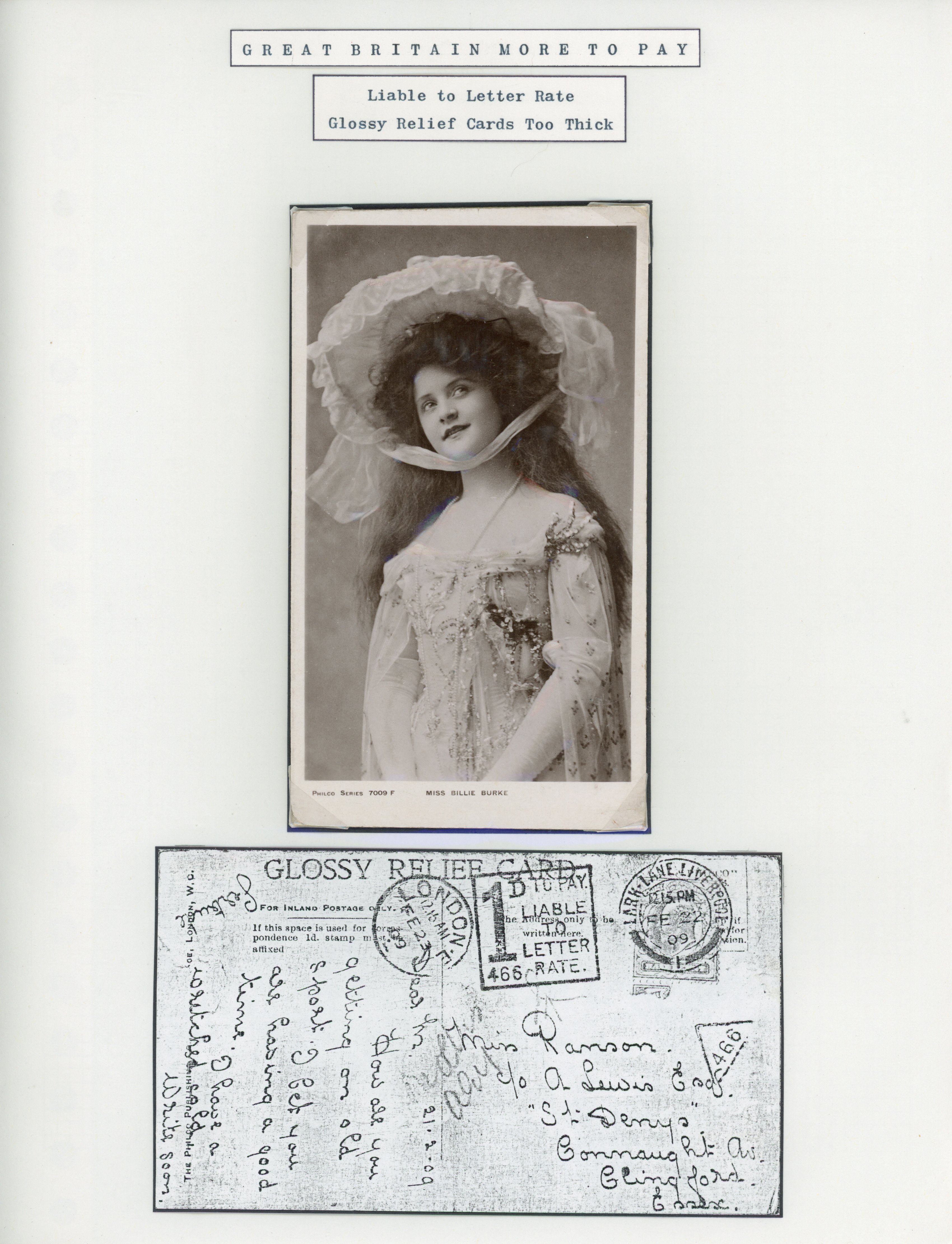 Great Britain 1909 novelty glossy relief card depicting Billie Burke