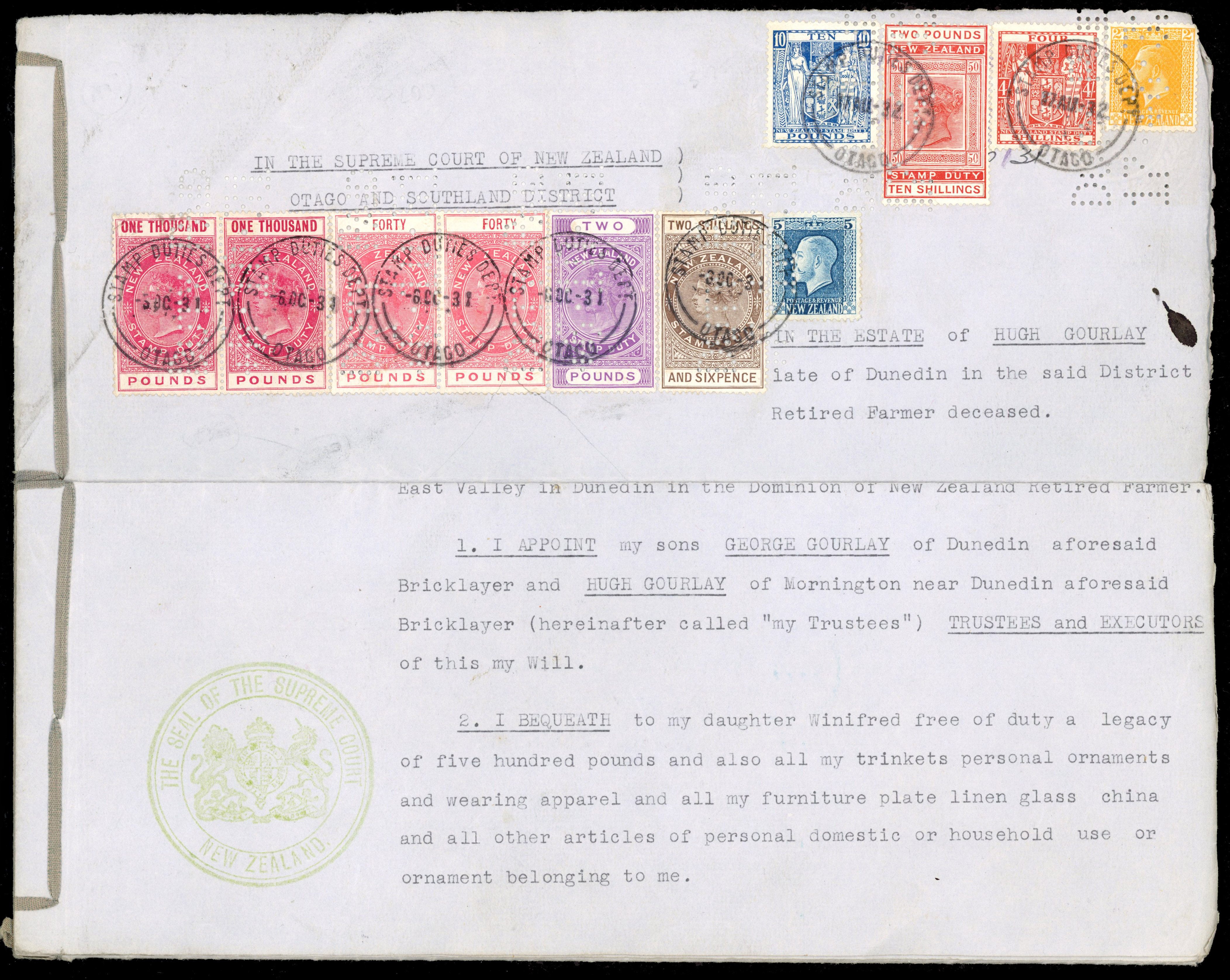NZ Revenues 1931 Probate document with franking including £1000 pair