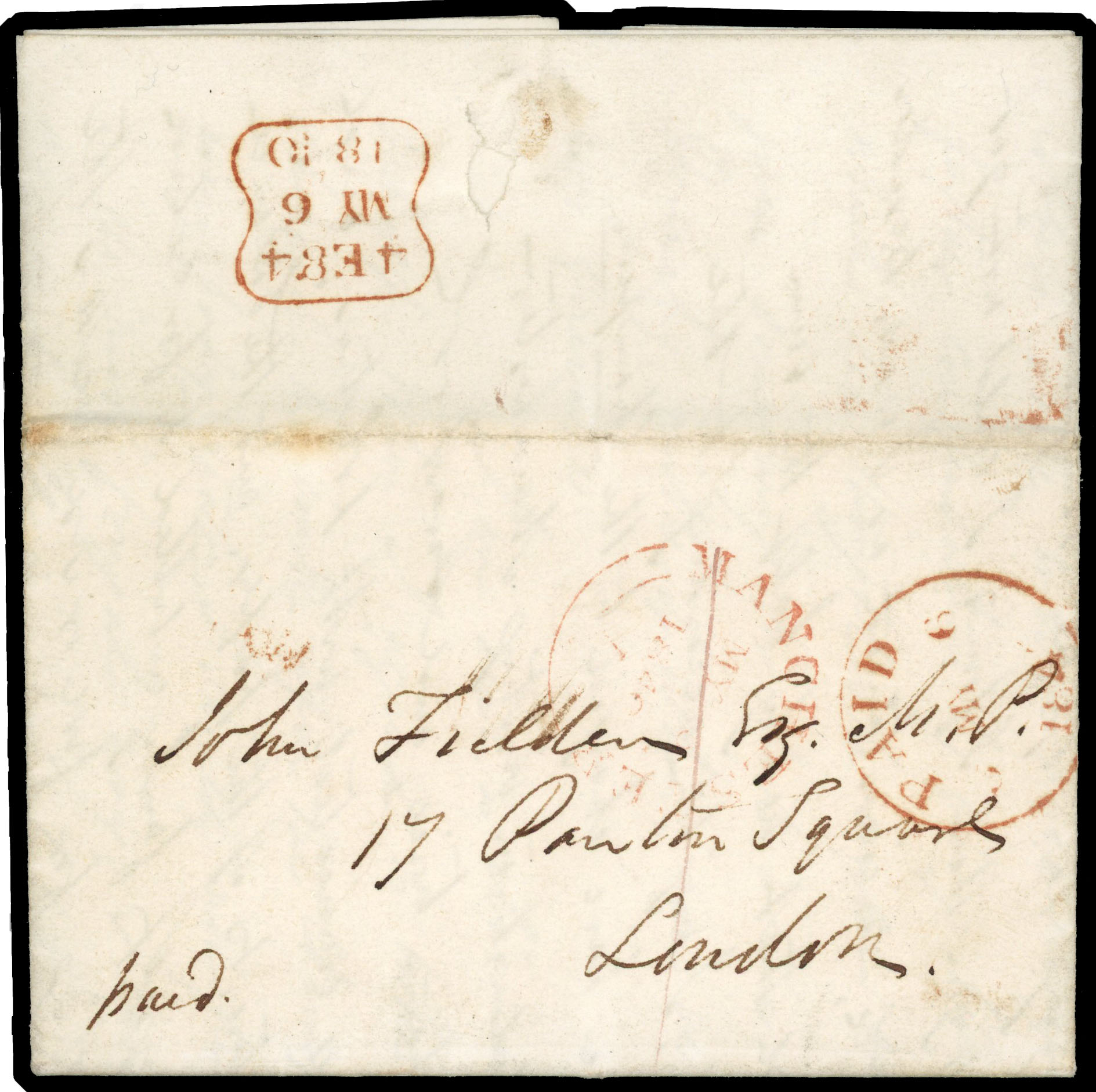 1840 (5 May) stampless entire from Manchester used on the last day of usage of Uniform penny post