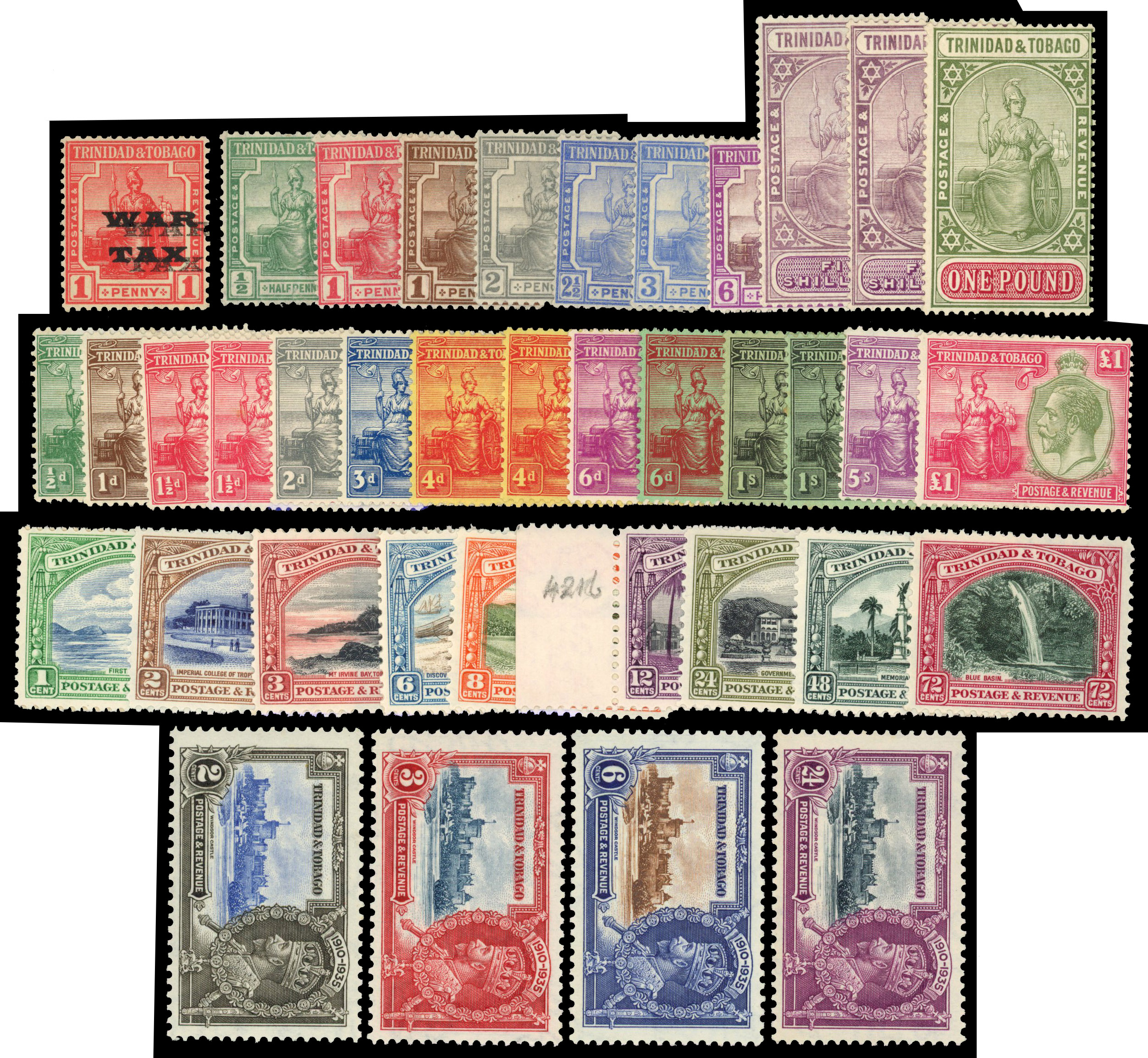 Trinidad and Tobago: Mint on cards including 1918 1d War Tax ovpt double, 1921 to £1, 1935 to 72c and 1935 Silver Jubilee