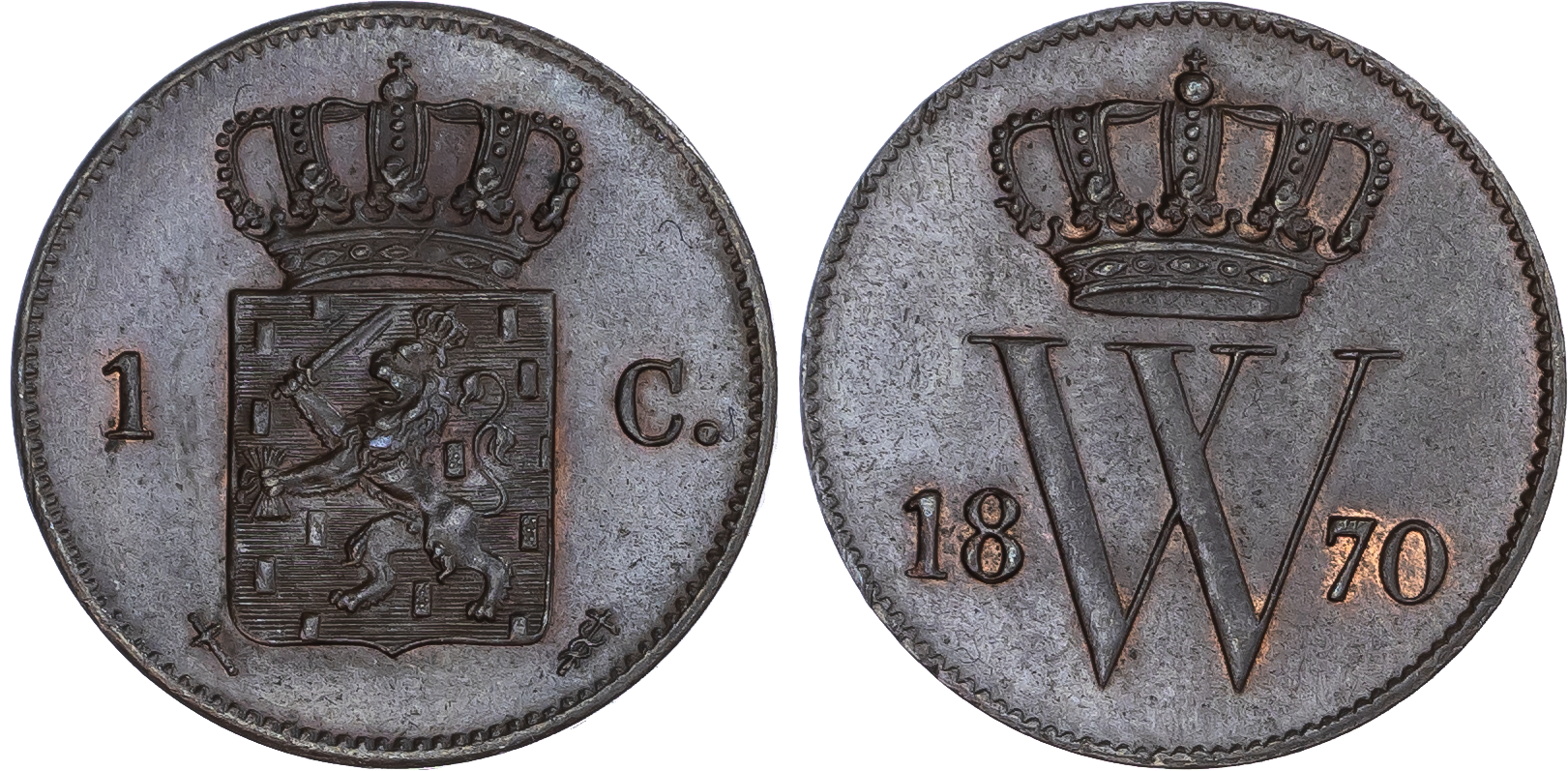 Netherlands. Willhem III CU 1 Cent. 1870.