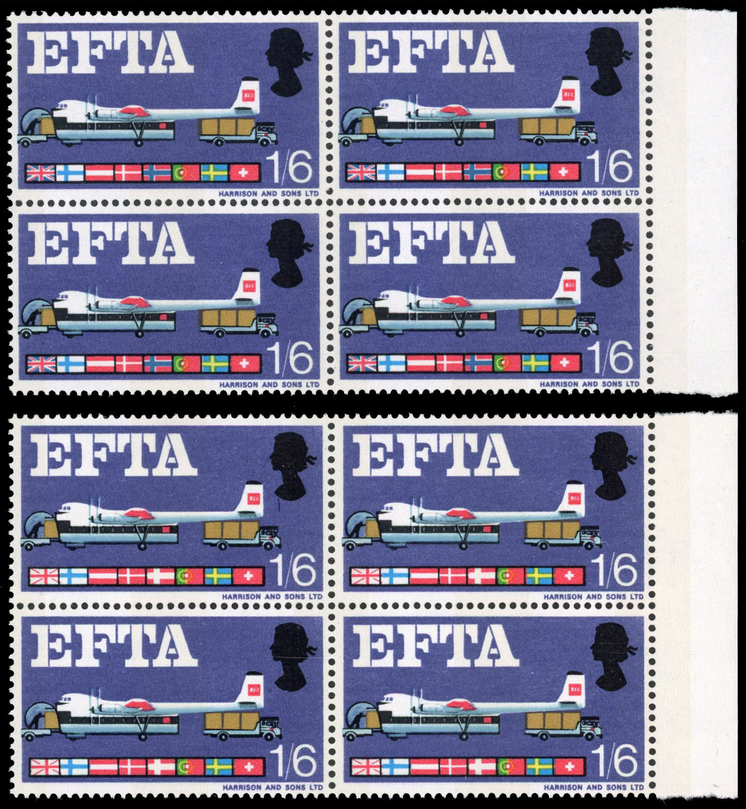 GB 1967 EFTA 1s6d aeroplane, phosphor, mint unmounted o.g. left marginal block of four error ‘DEEP BLUE OMITTED’