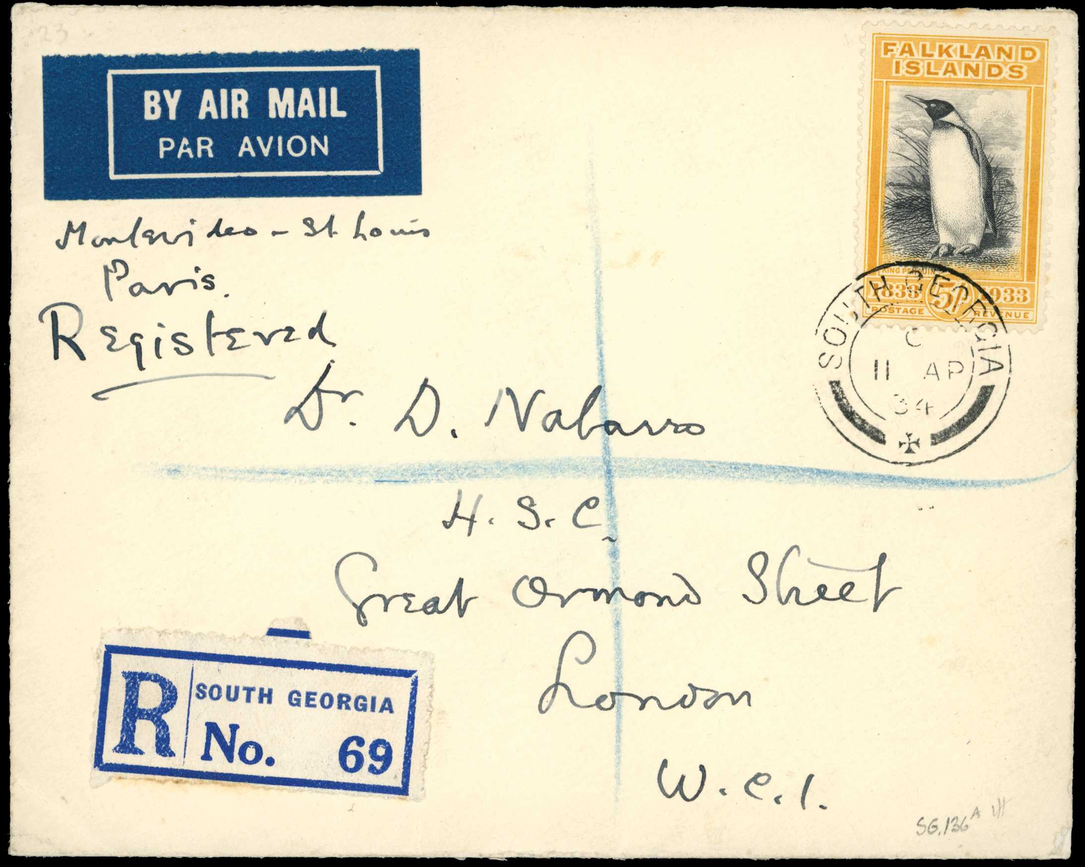 1934 Registered envelope to London franked...