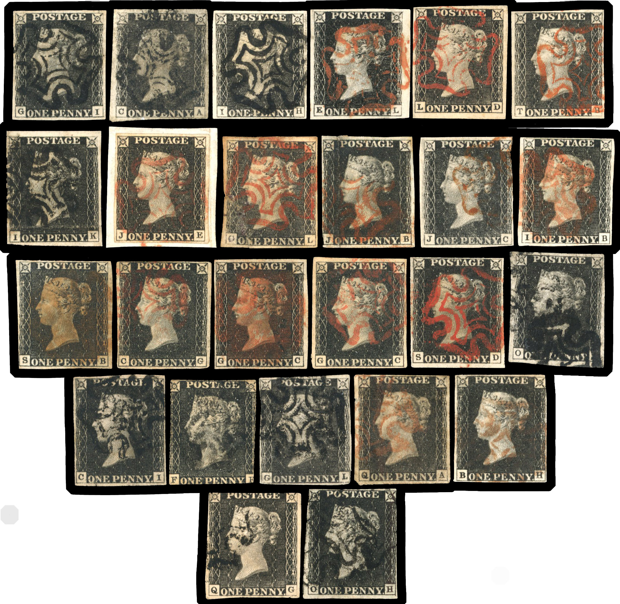 1840 1d black unplated selection of fifteen 4-margin unplated examples and ten 2-3 margin examples, good to fine used. 