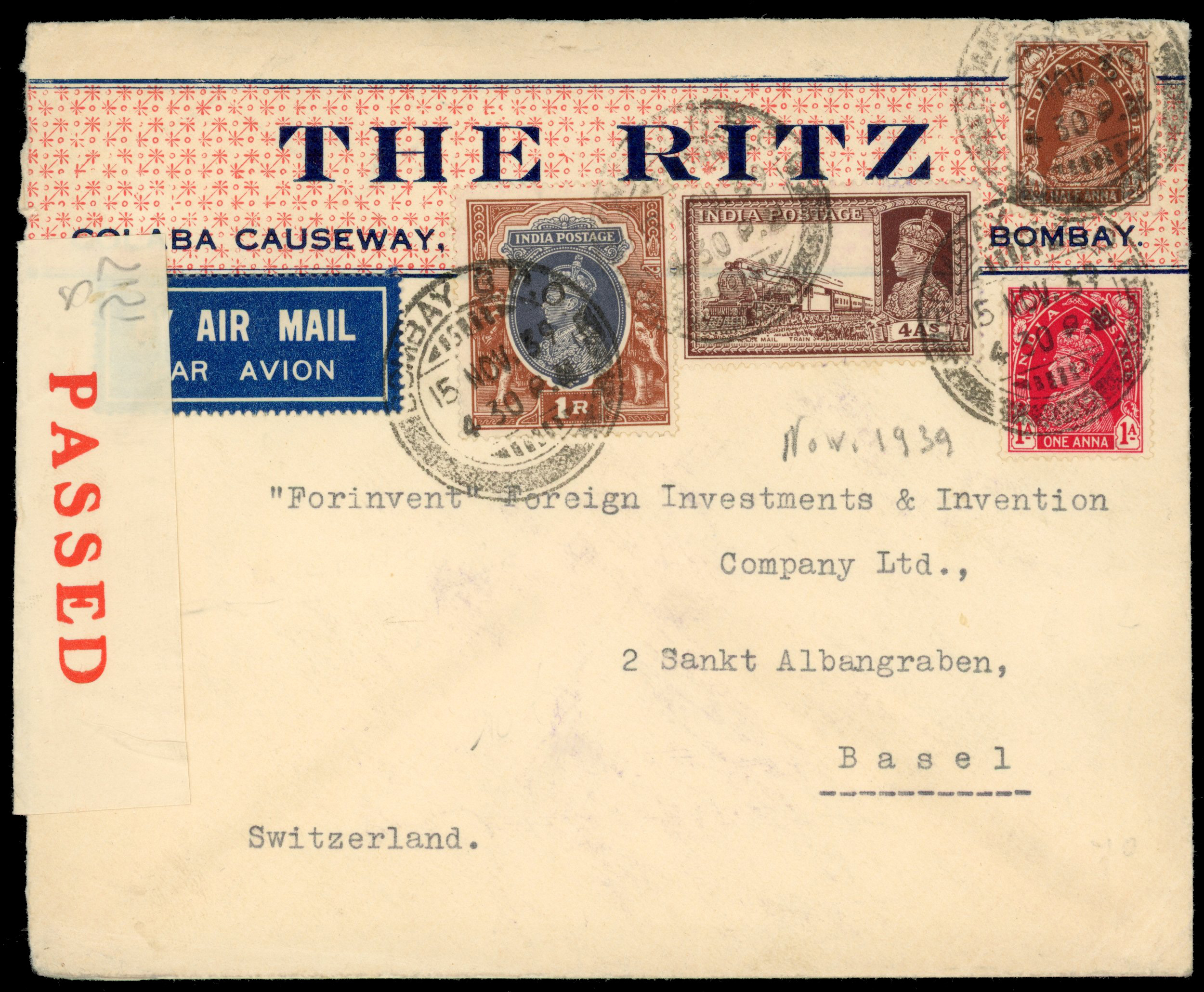 INDIA: 1939 (15 Nov) printed airmail cover from The Ritz, Bombay to Switzerland 