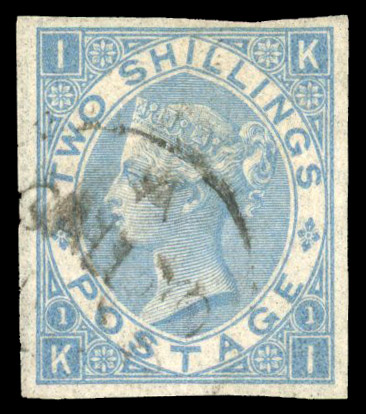1867 2s Pale blue Pl.1. Imperforate used example Callao cds