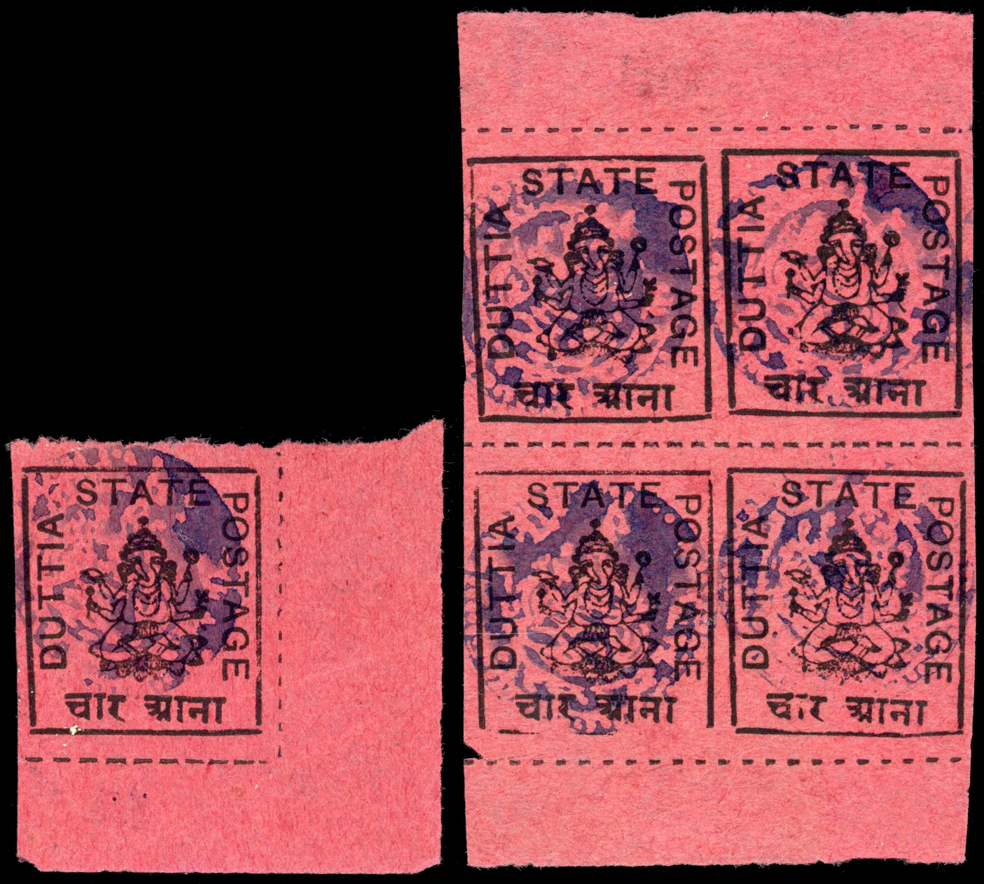 I.F.S Duttia SG 20b 4a handstamps in black, single and block of 4 unused