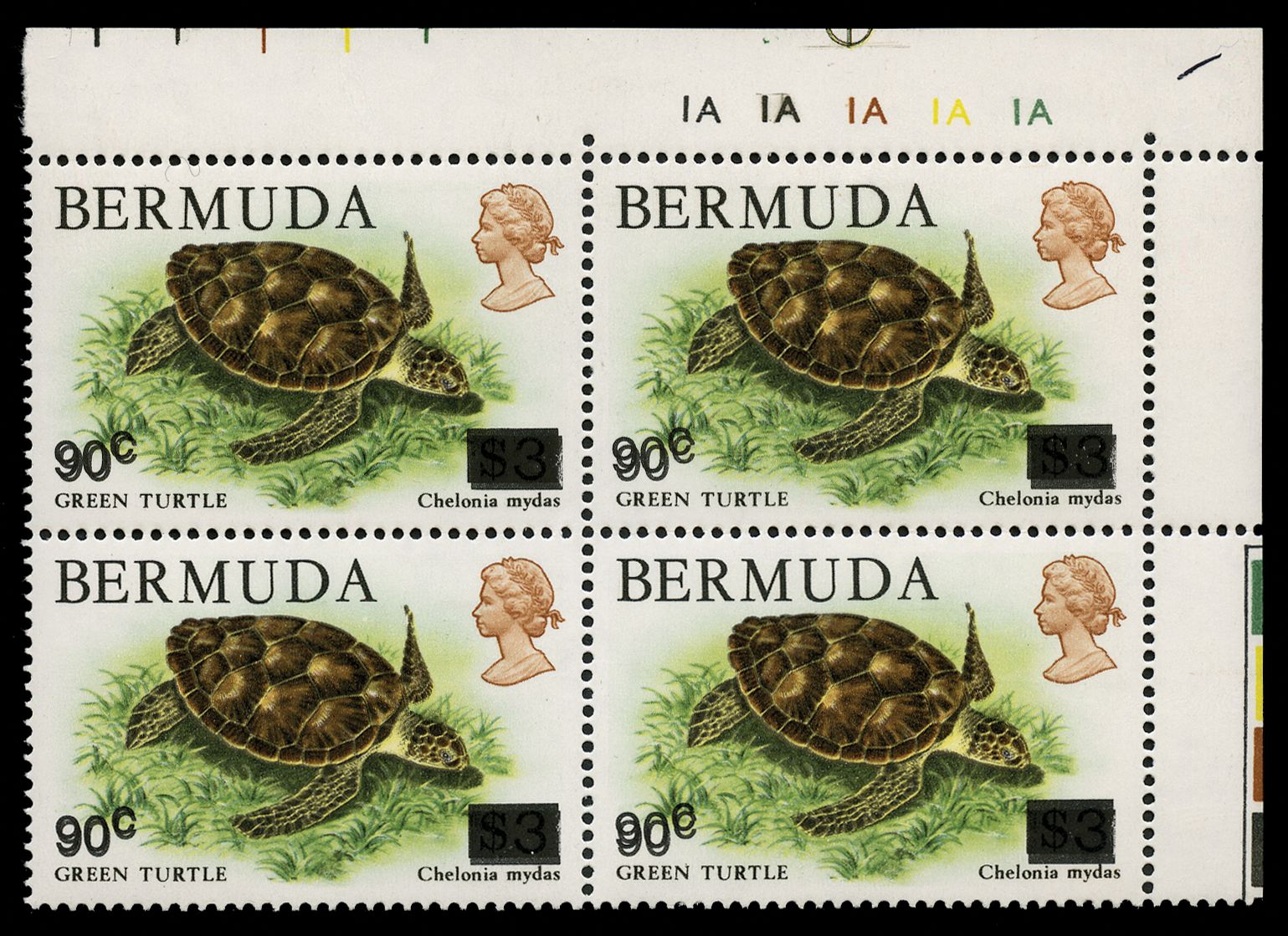 1996 90c on $3 green turtle, surcharge double variety (SG 543a) in upper r/h plate "1A" block of 4, fine u/m, cat...