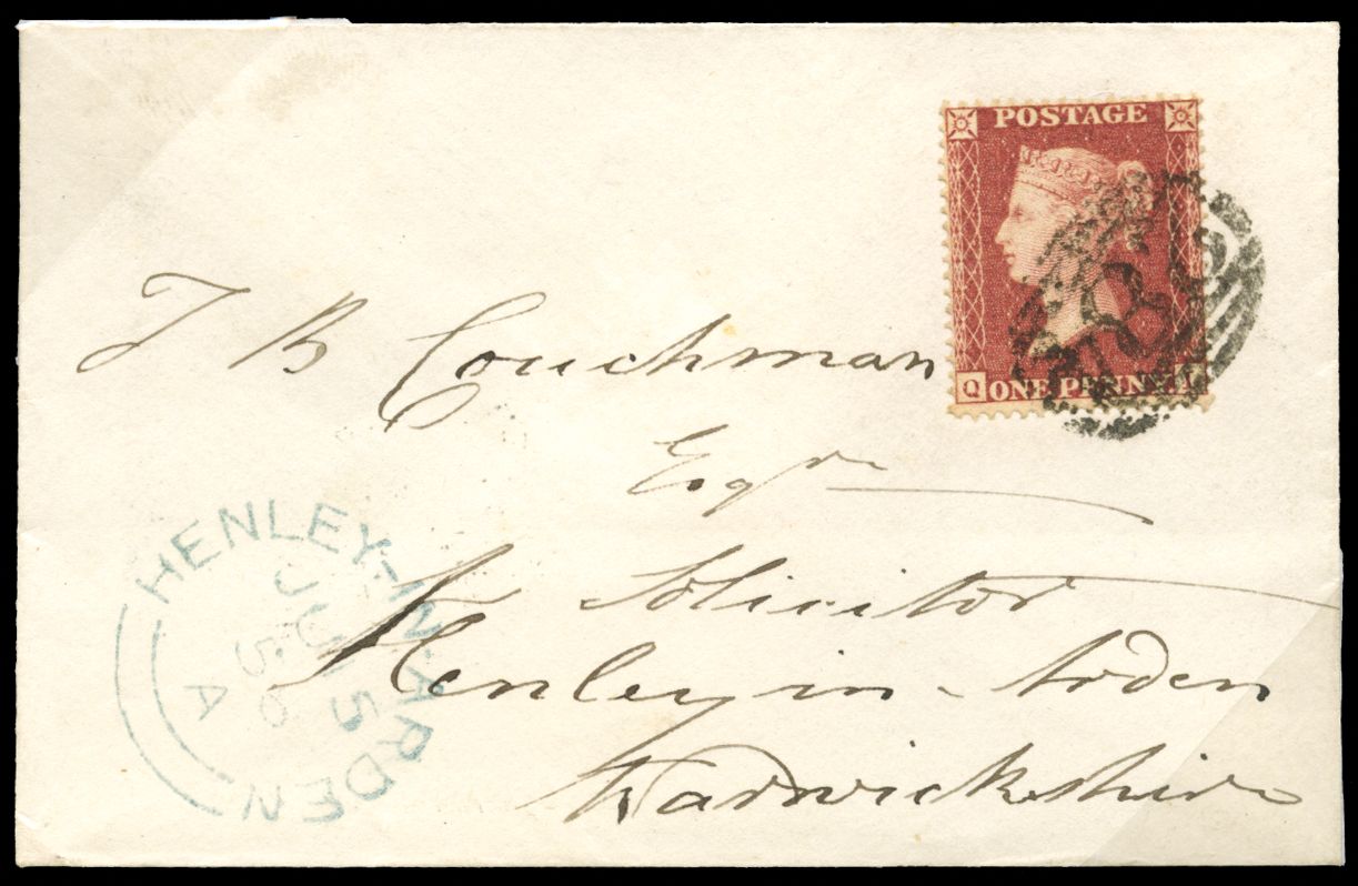 857 1d Rose red Pl.36 (Perf. 16). Very fine used example lettered QL neatly tied to a very clean small envelope by an...