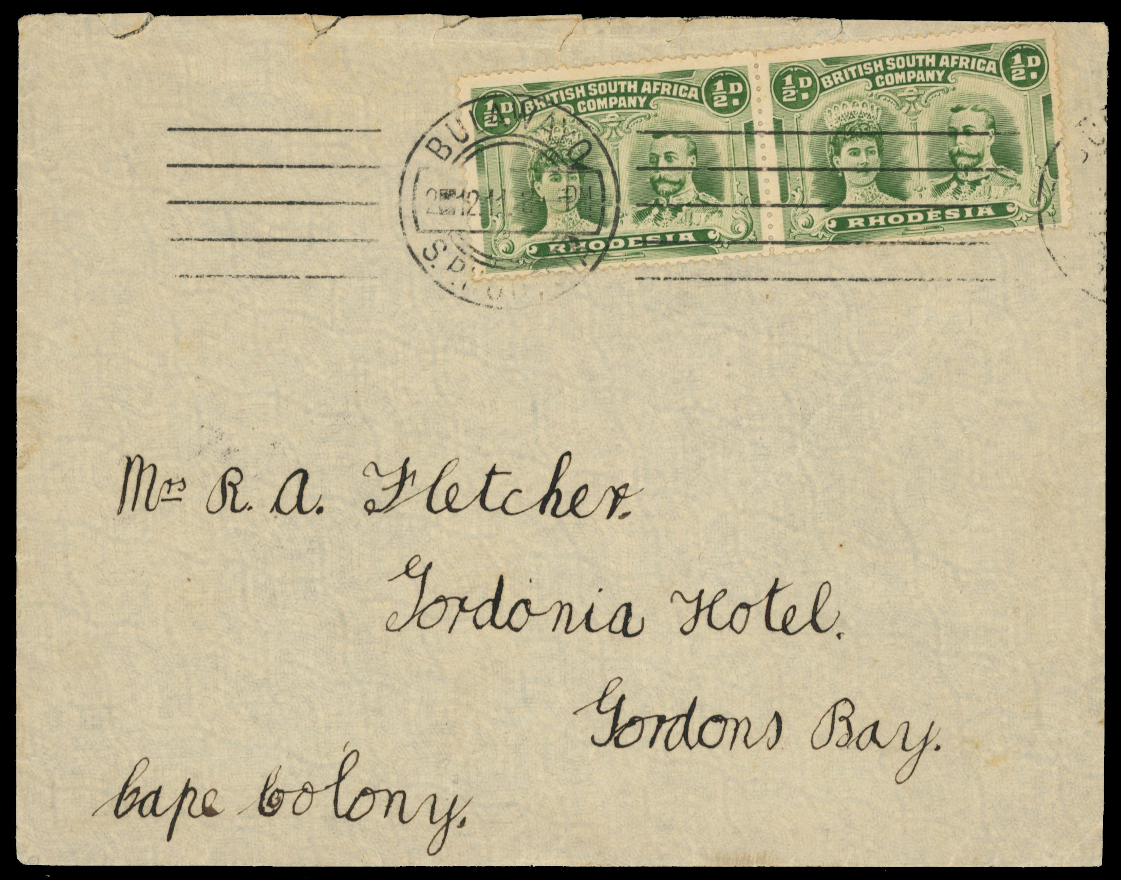 ½d bronze-green SG 121a pair on cover, tied by fine strike of the Krag machine cancel