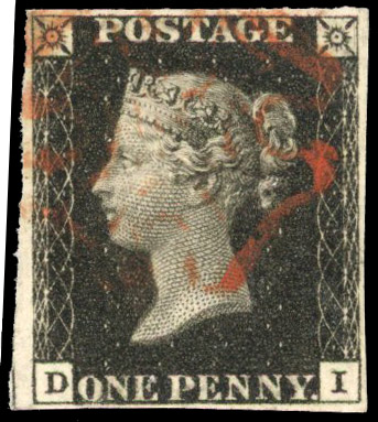 GB: 1840 1d black, Plate 1B, (DI) four margins, crisp, light, red MC SG 2