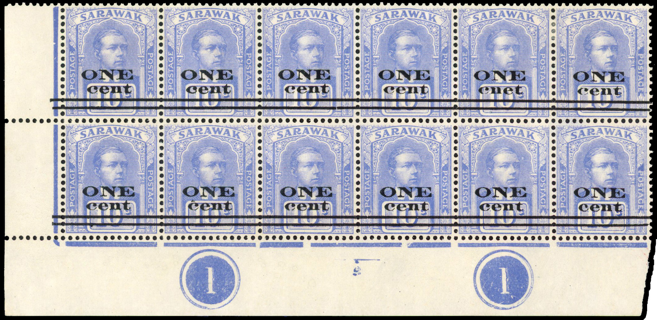 Sarawak 1923 1c on 10c dull blue error cnet
