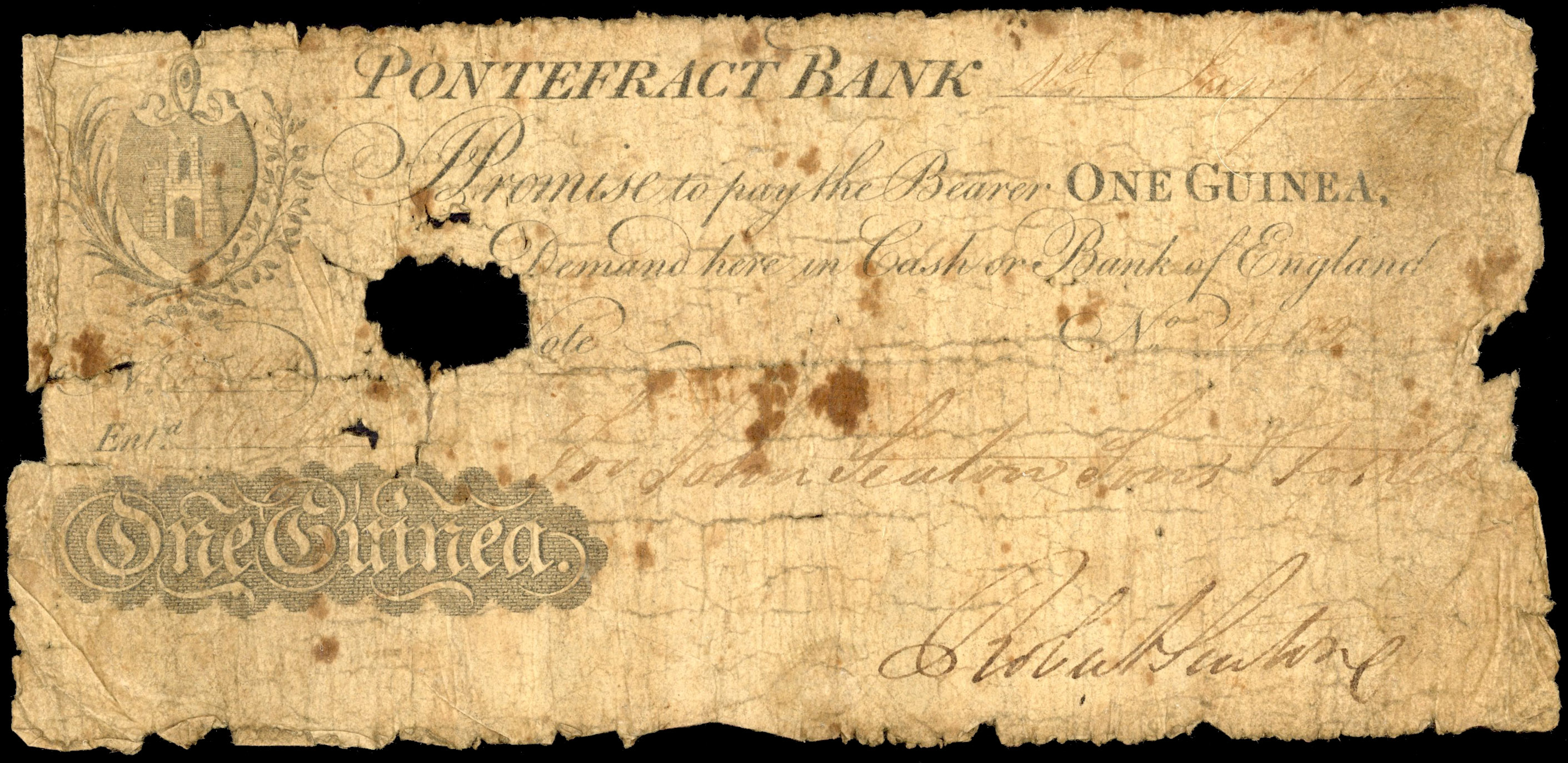 PONTEFRACT, Pontefract Bank, for John Seaton, Sons & Foster, 1 Guinea, 1 July 1809, serial number 1900, Robert…