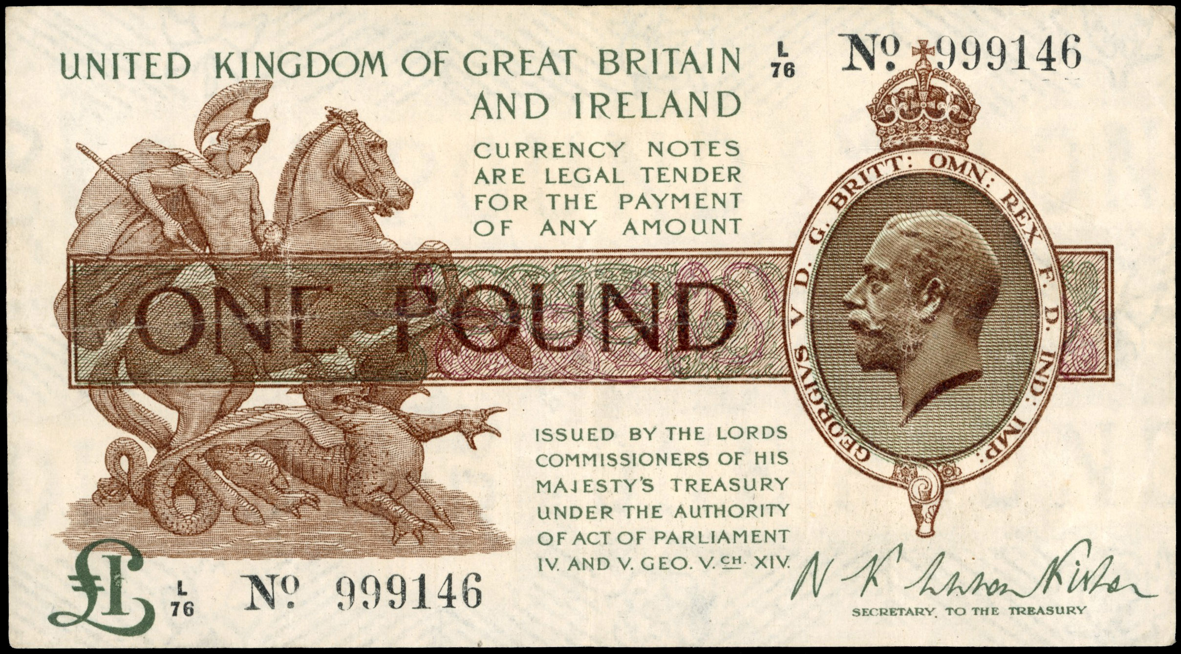 Treasury, N F Warren-Fisher, (first issue), One Pound, Sept. 1919, L/76 999146, (Dugg. T24). Very Fine, one ce…